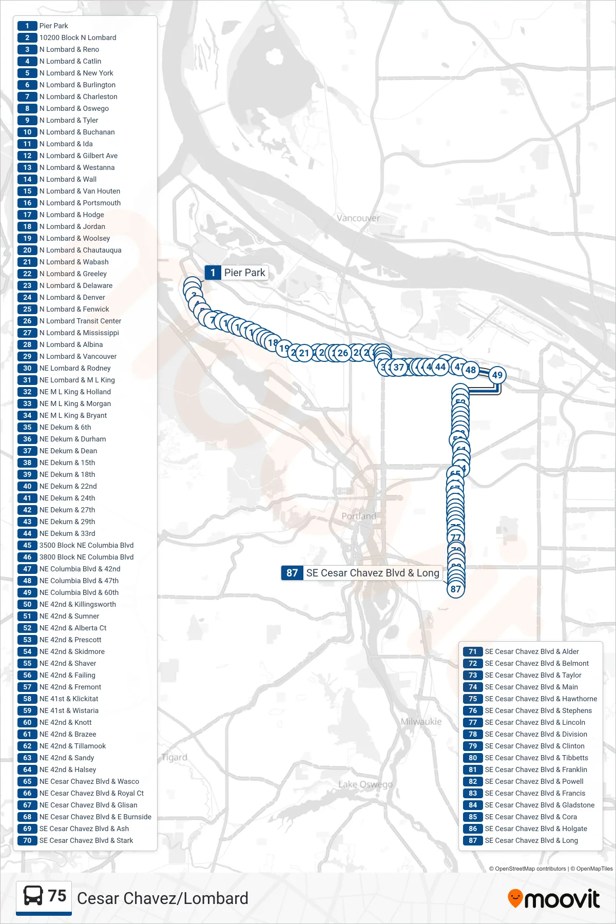 75 bus Line (SE Cesar Chavez Blvd & Long) route and stops on a map