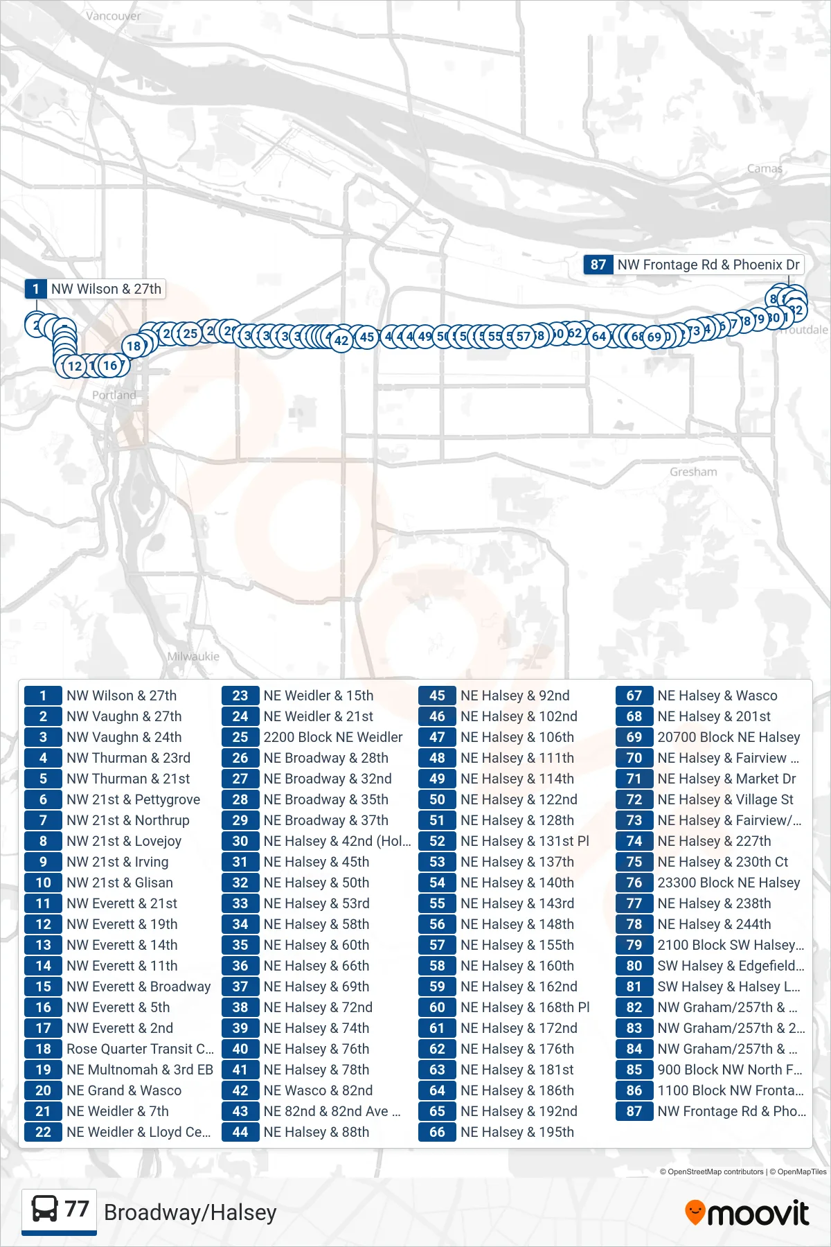 77 bus Line (NW Frontage Rd & Phoenix Dr) route and stops on a map