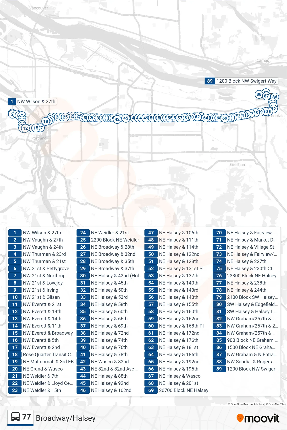 77 bus Line (1200 Block NW Swigert Way) route and stops on a map