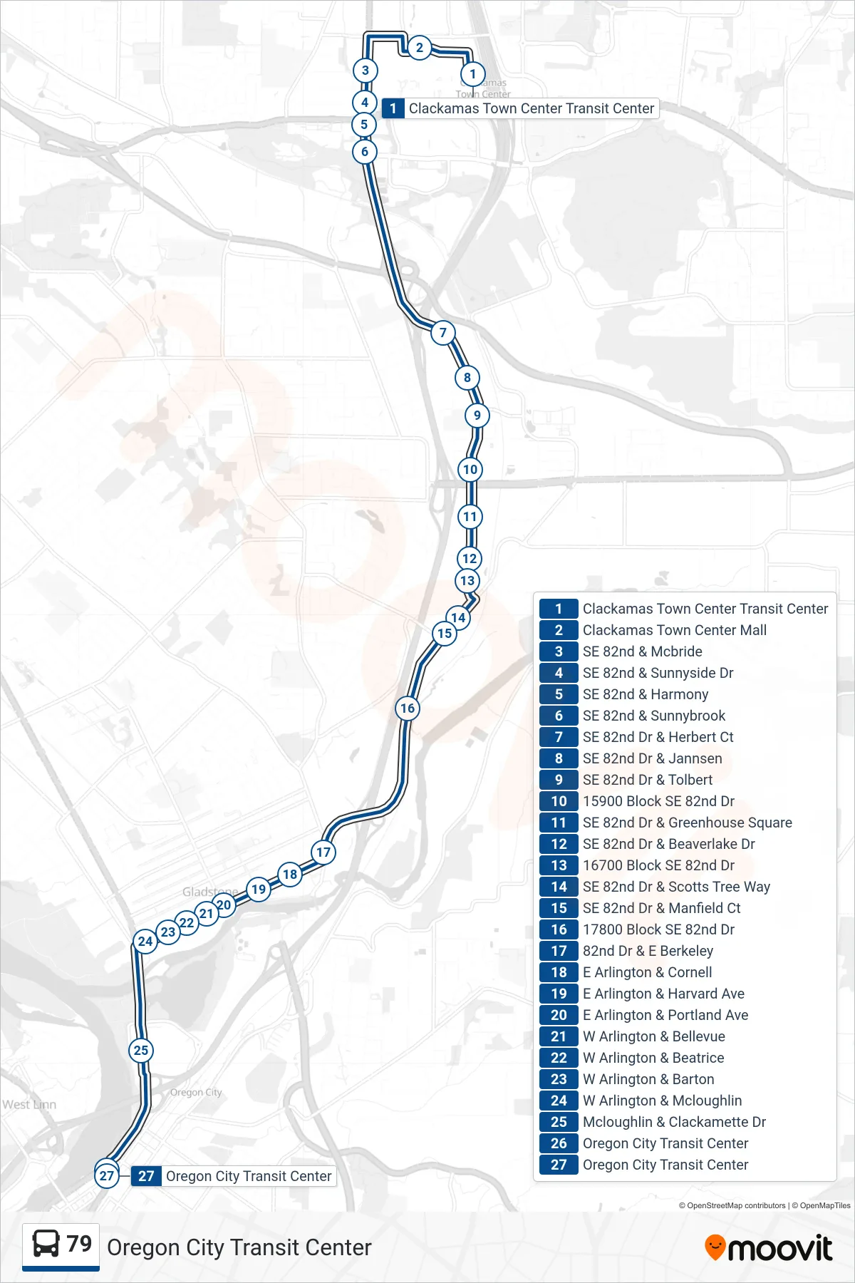 79 bus Line (Oregon City Transit Center) route and stops on a map