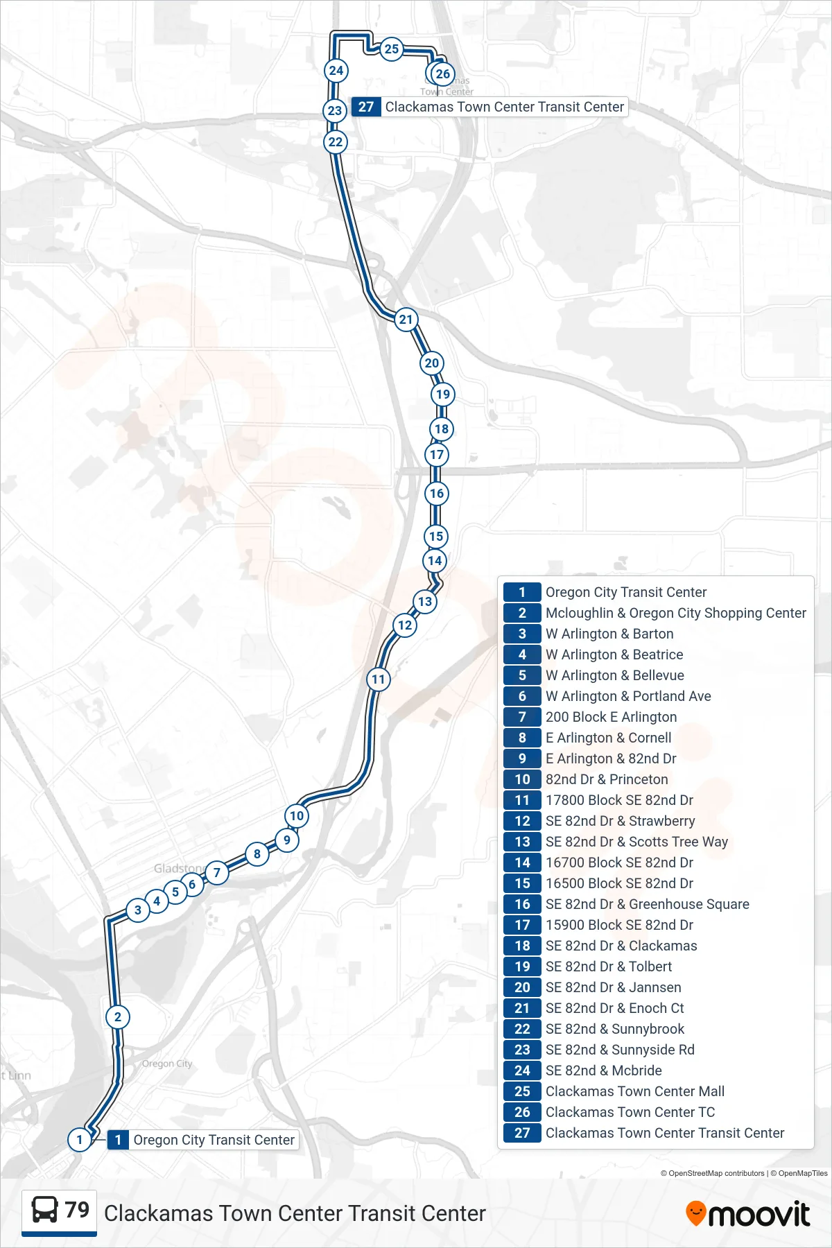 79 bus Line (Clackamas Town Center Transit Center) route and stops on a map