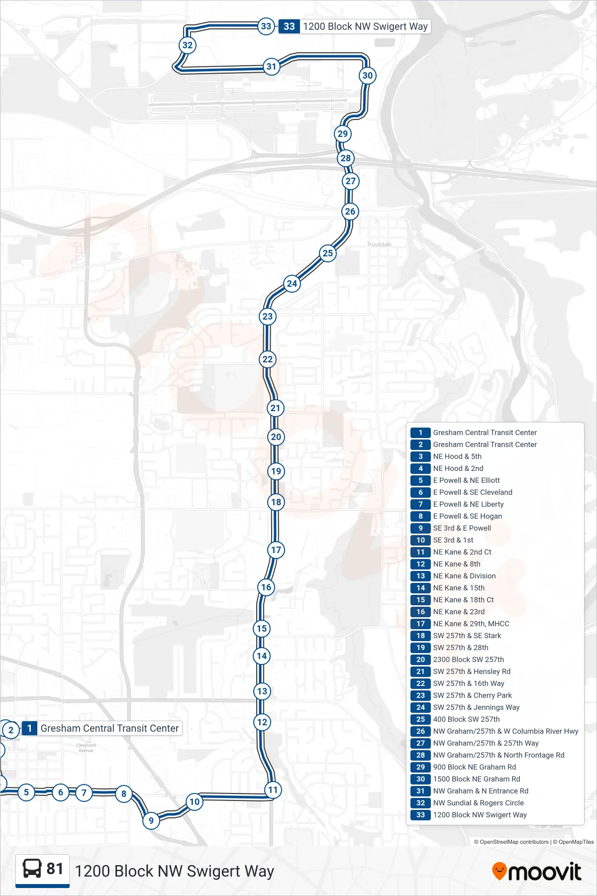 81 bus Line (1200 Block NW Swigert Way) route and stops on a map