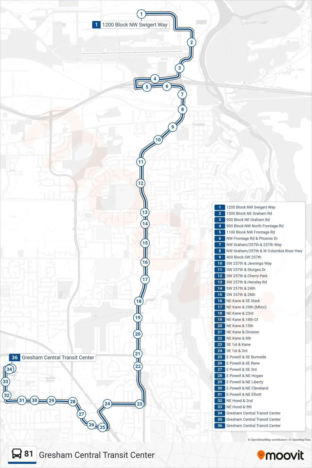 81 bus Line (Gresham Central Transit Center) route and stops on a map