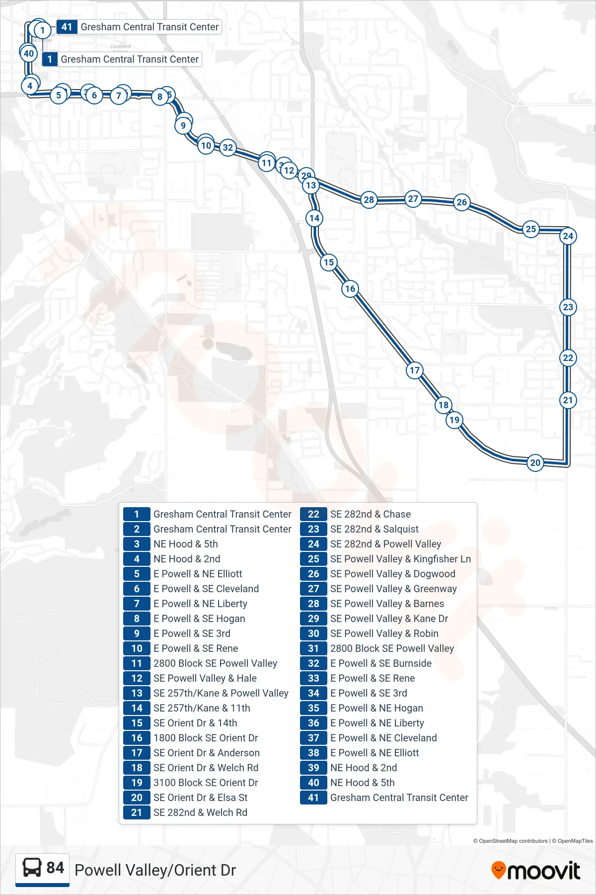 84 bus Line (Gresham Central Transit Center) route and stops on a map