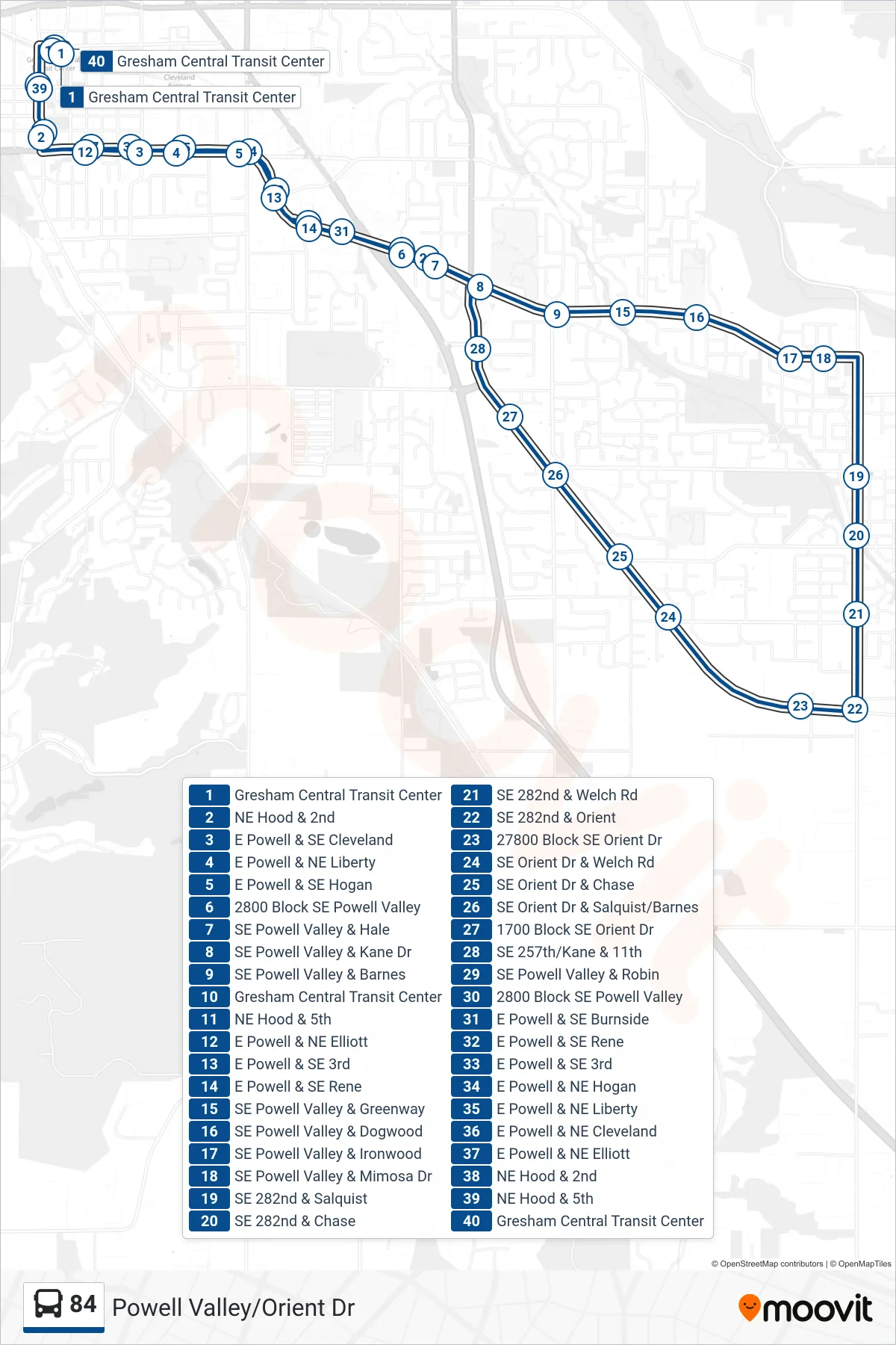 84 bus Line (Gresham Central Transit Center) route and stops on a map