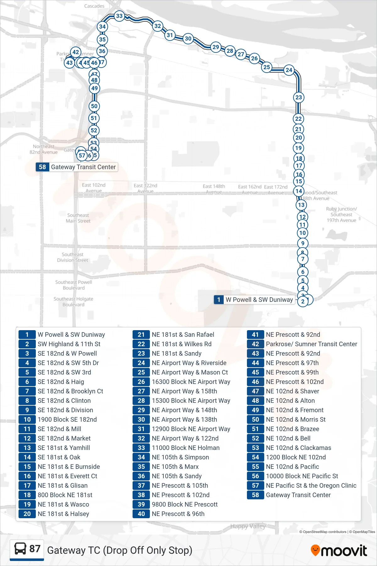 87 bus Line (Gateway TC (Drop Off Only Stop)) route and stops on a map