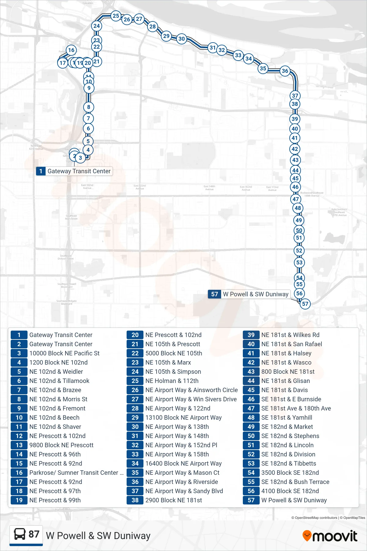 87 bus Line (W Powell & SW Duniway) route and stops on a map