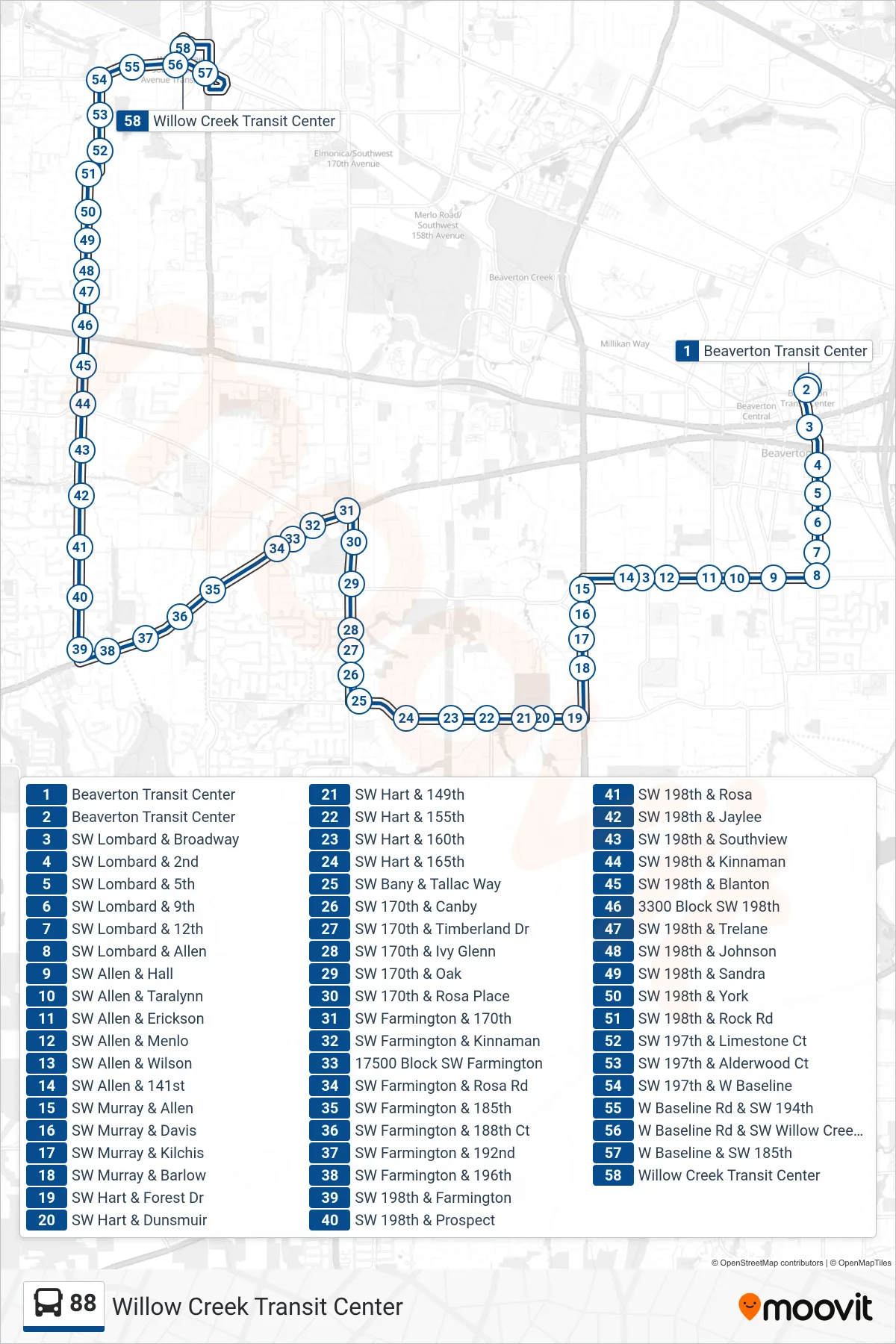 88 bus Line (Willow Creek Transit Center) route and stops on a map