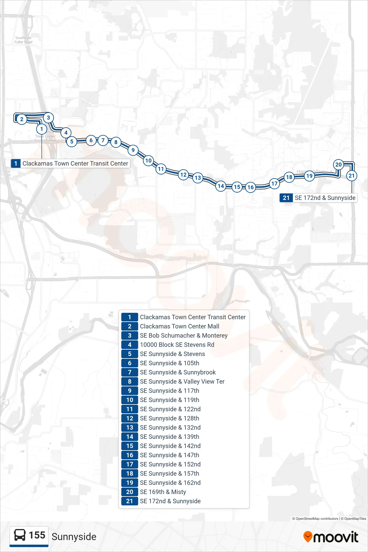 155 bus Line (SE 172nd & Sunnyside) route and stops on a map