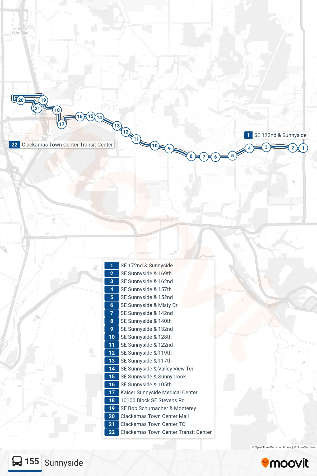 155 bus Line (Clackamas Town Center Transit Center) route and stops on a map