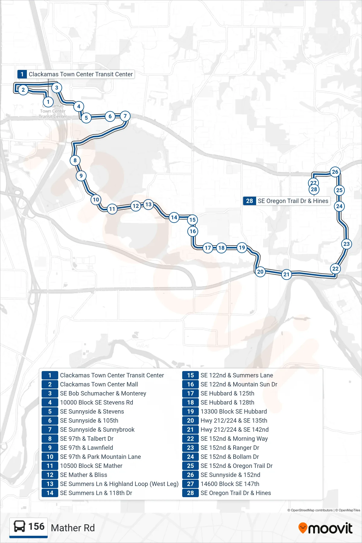 156 bus Line (SE Oregon Trail Dr & Hines) route and stops on a map