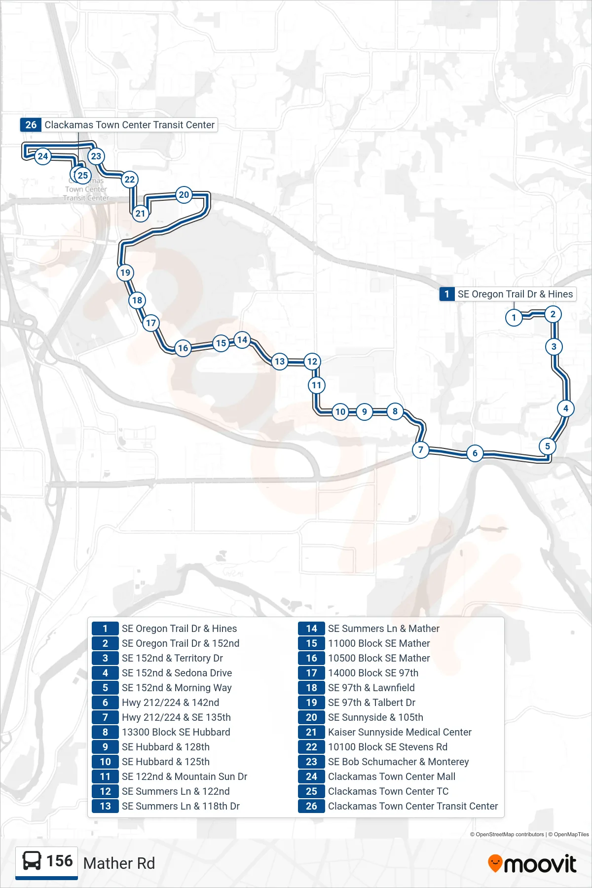 156 bus Line (Clackamas Town Center Transit Center) route and stops on a map