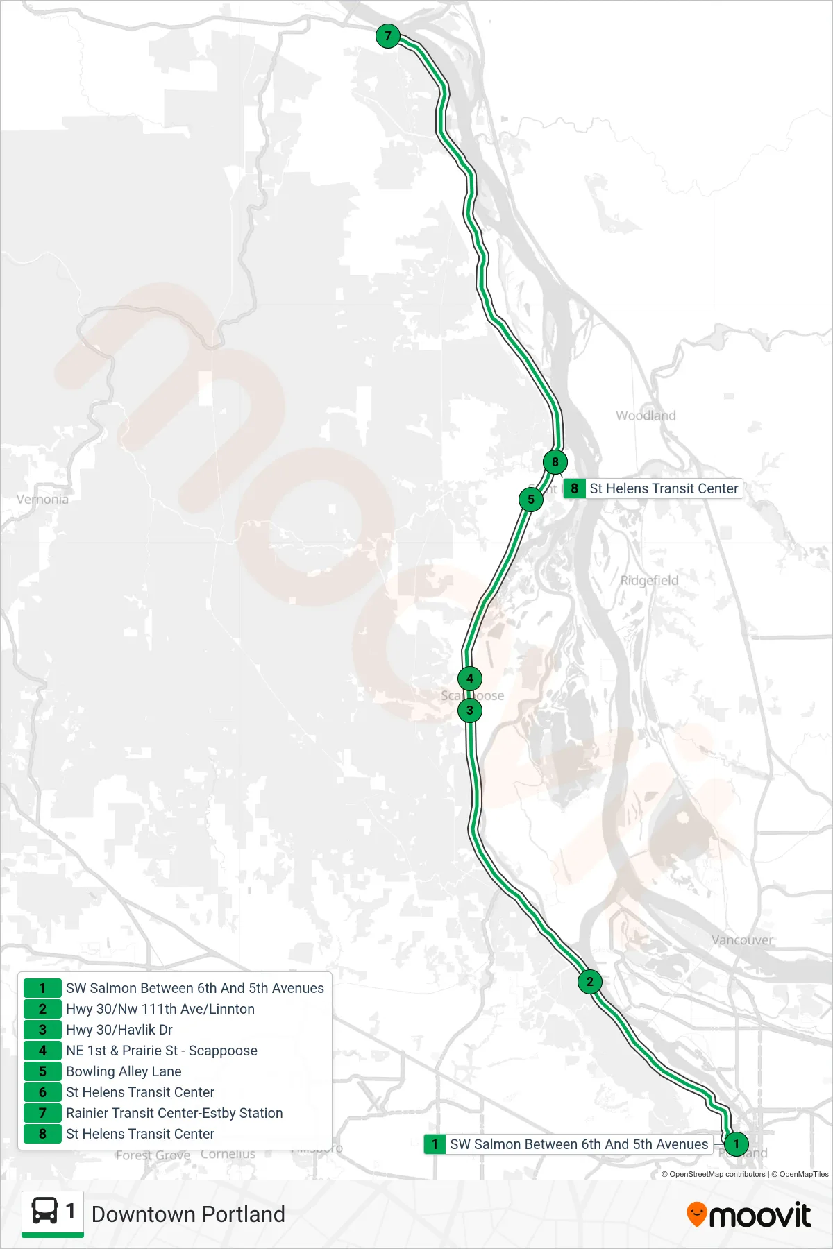1 bus Line (St. Helens) route and stops on a map