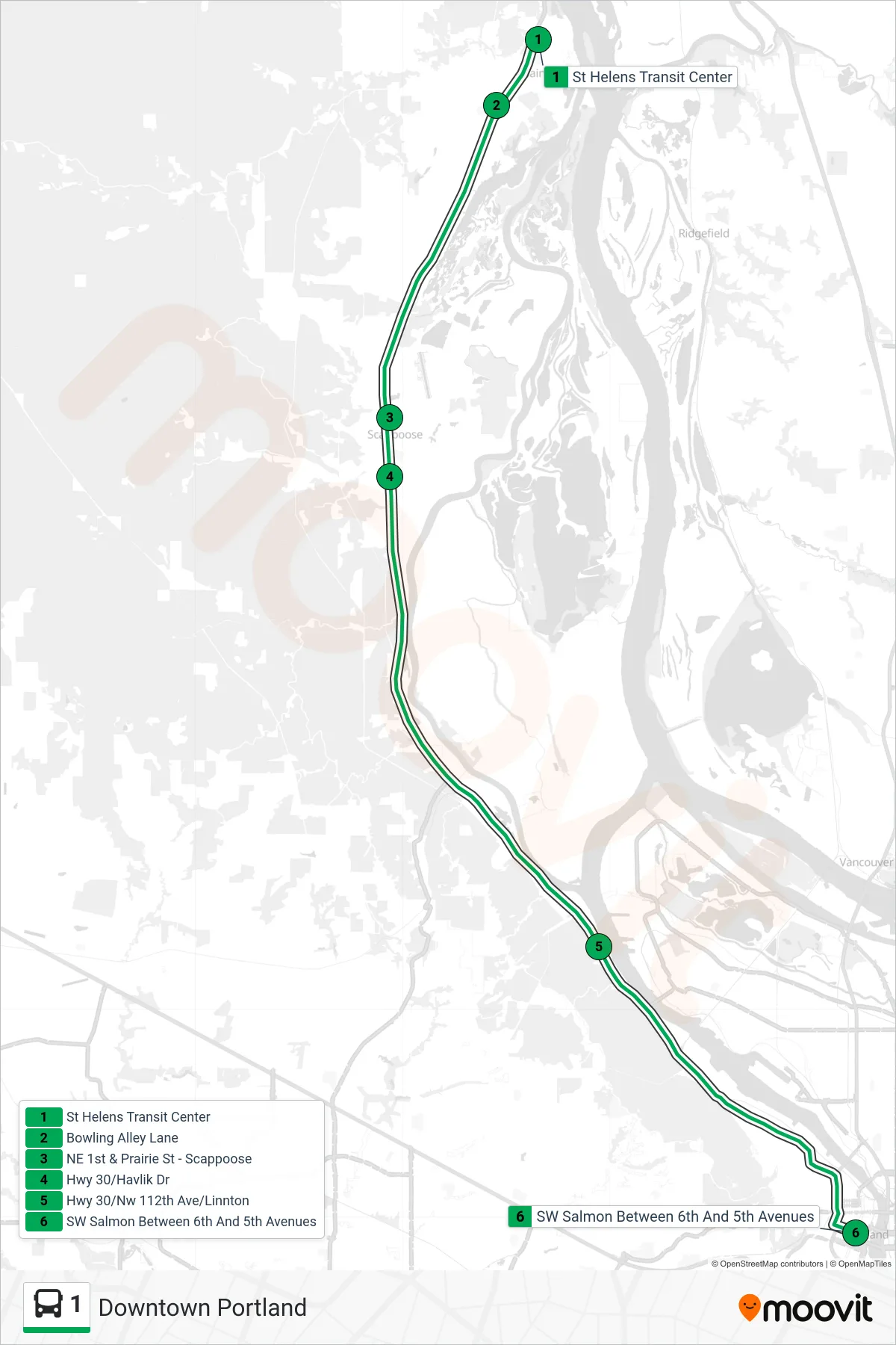 1 bus Line (Portland) route and stops on a map