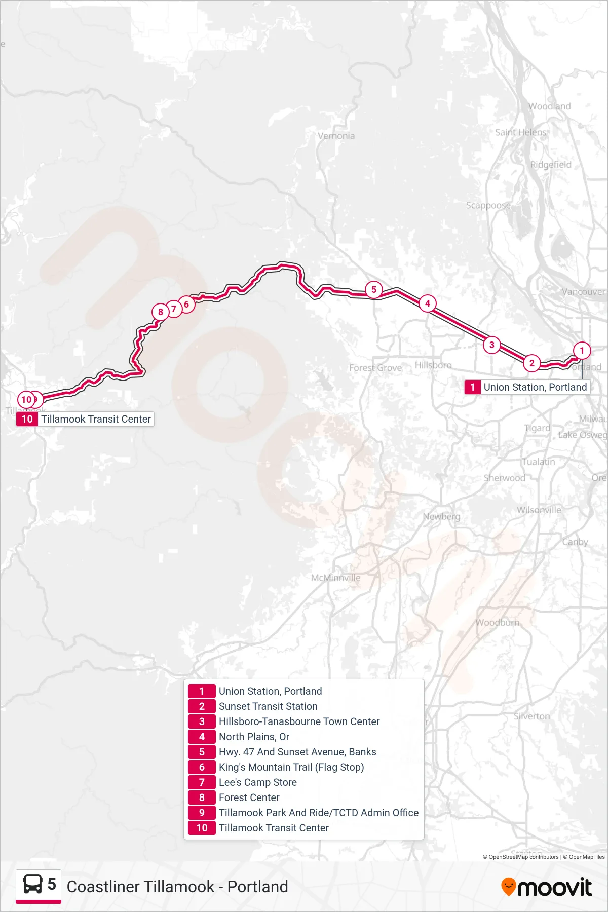 5 bus Line (Tillamook (Westbound)) route and stops on a map