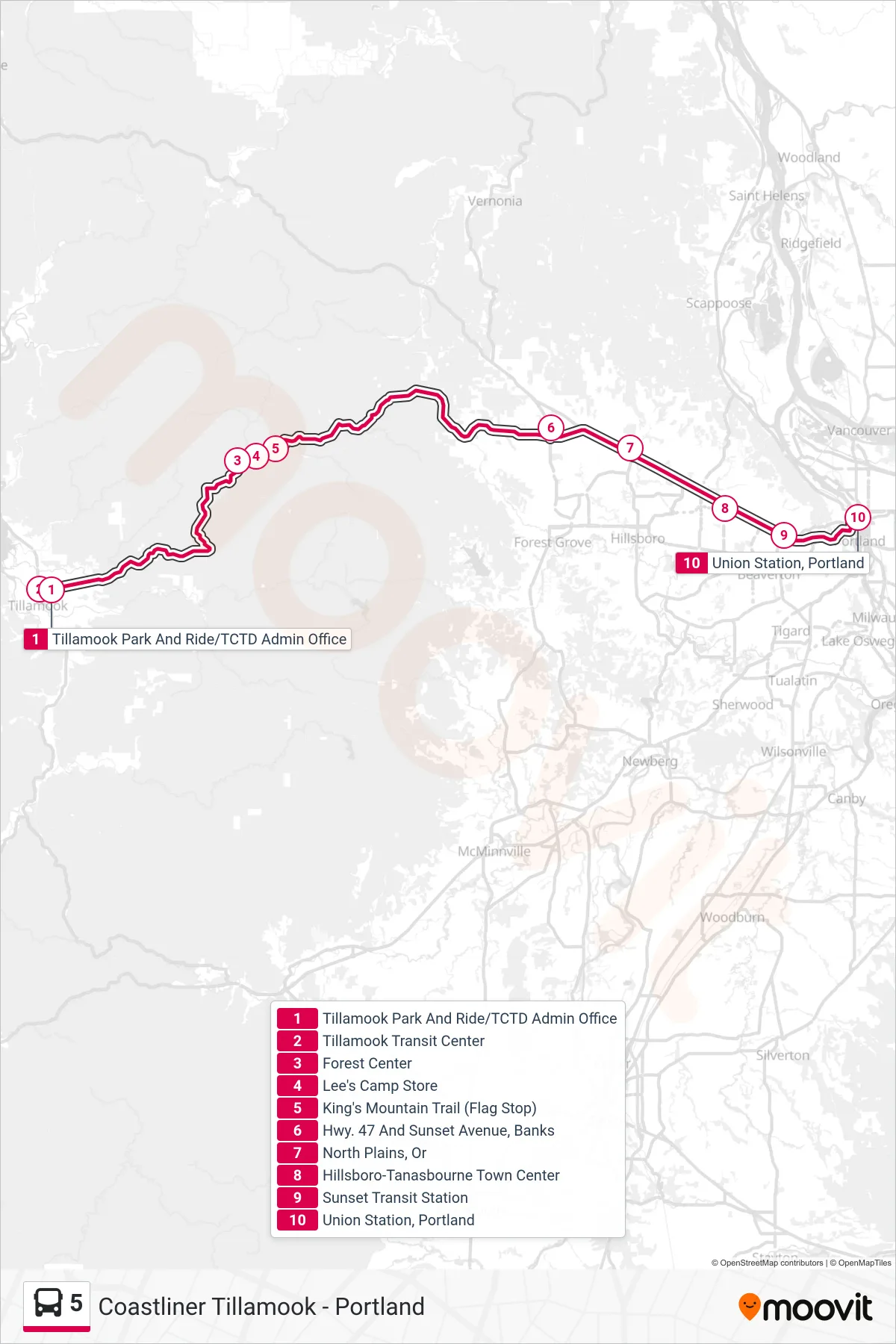 5 bus Line (Portland (Eastbound)) route and stops on a map