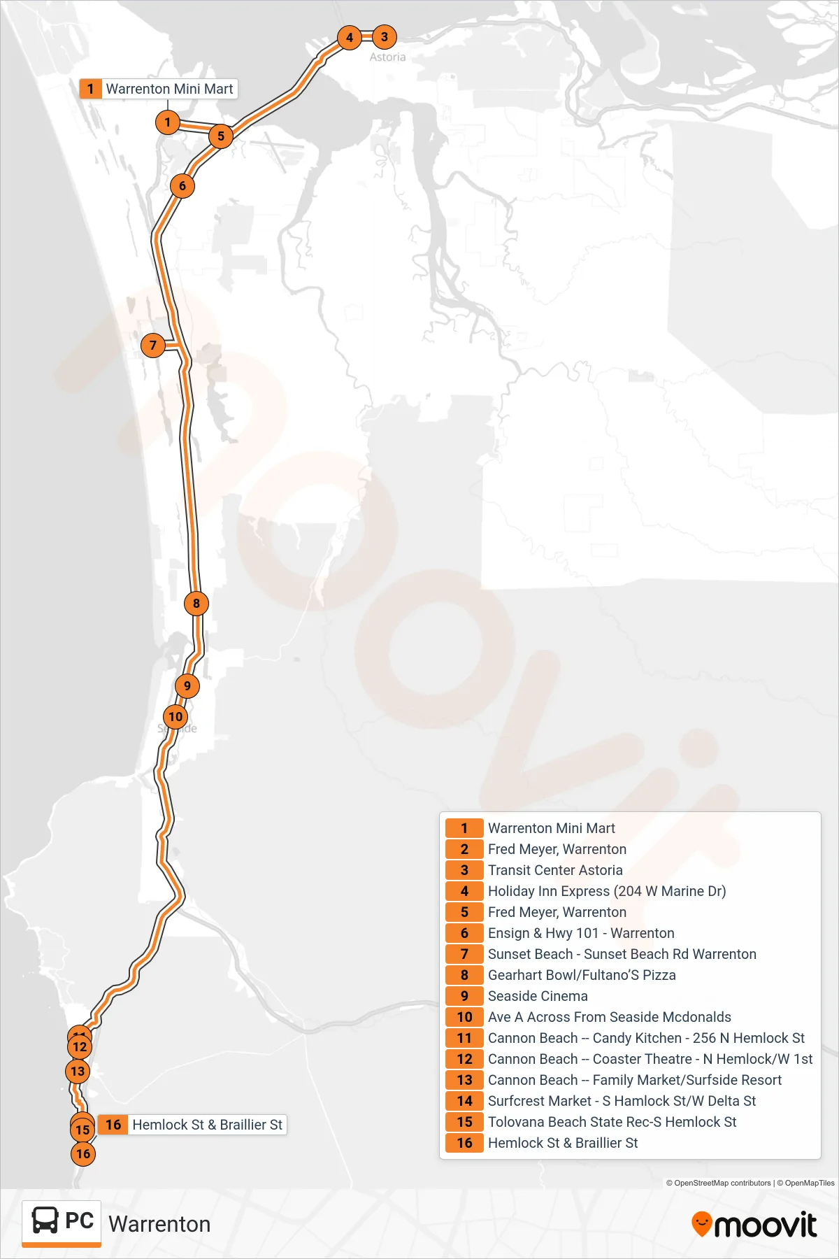 PC bus Line (Warrenton) route and stops on a map