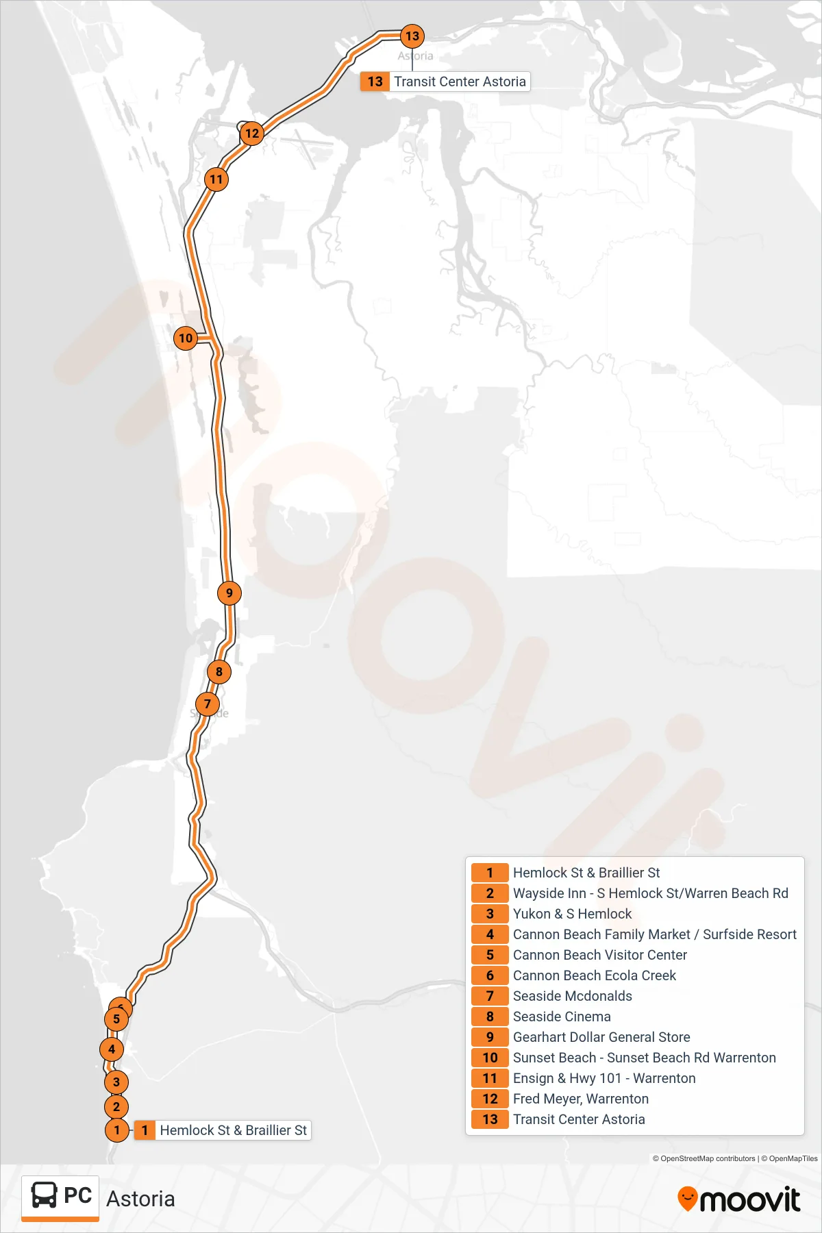 PC bus Line (Astoria) route and stops on a map