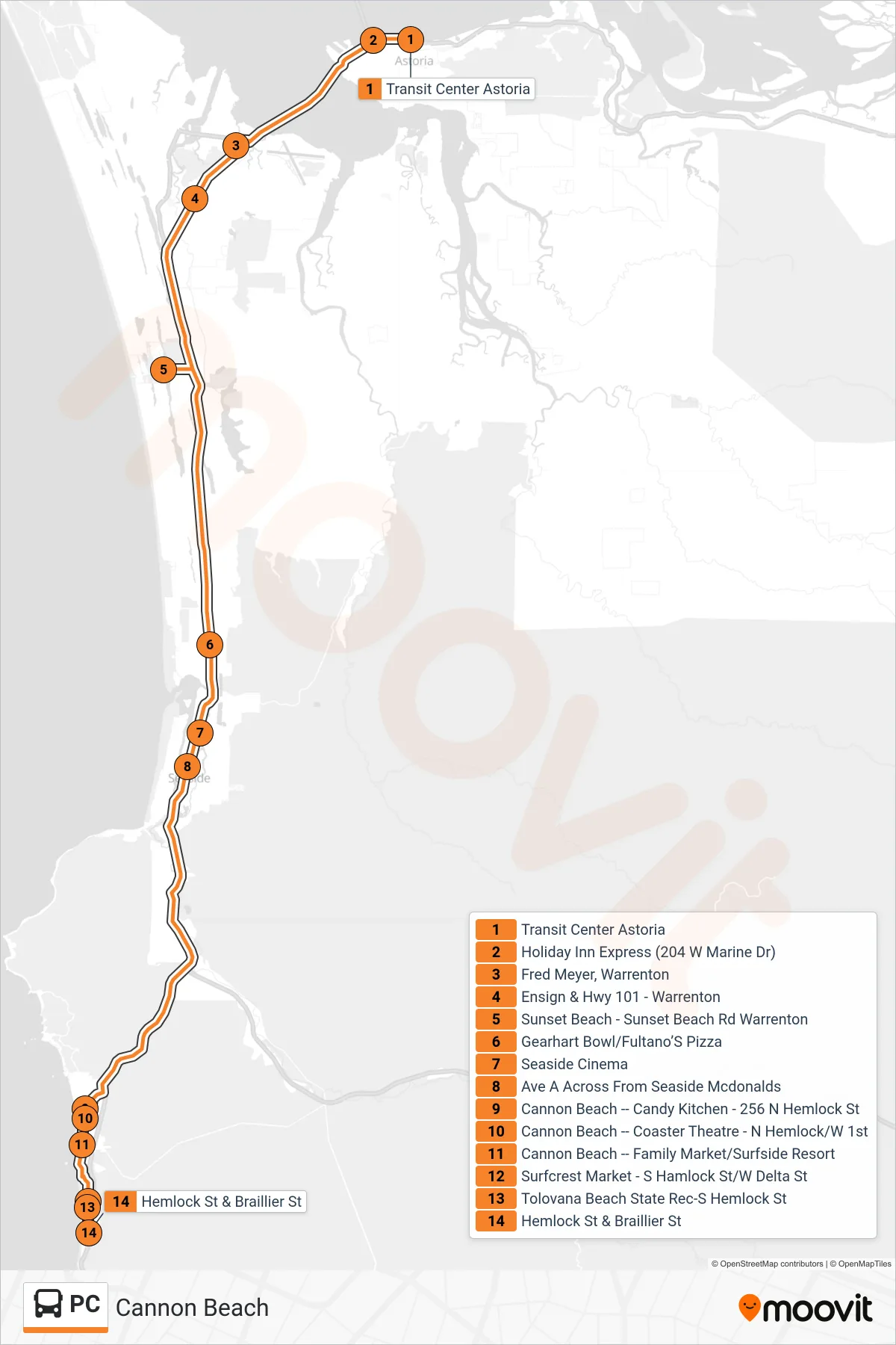 PC bus Line (Cannon Beach) route and stops on a map
