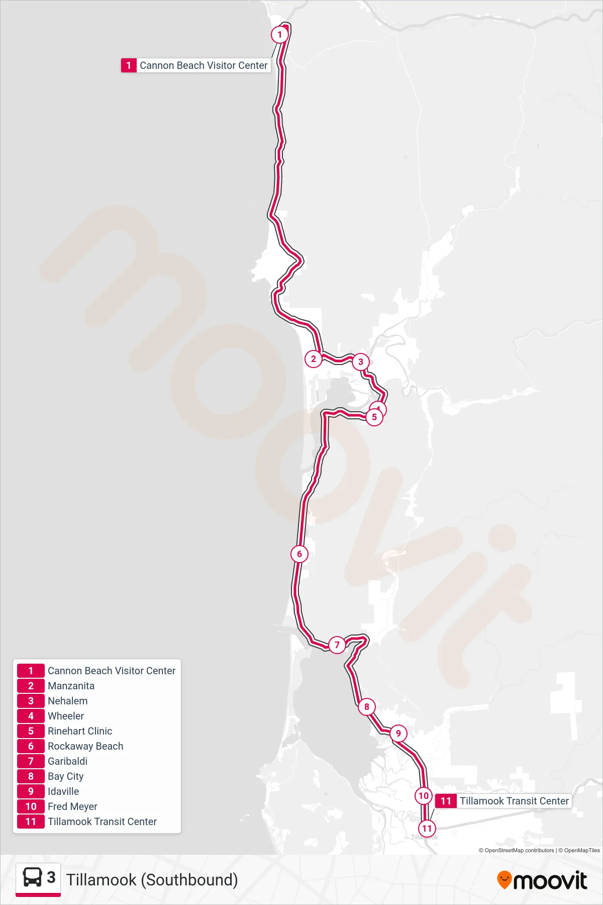 3 bus Line (Tillamook (Southbound)) route and stops on a map