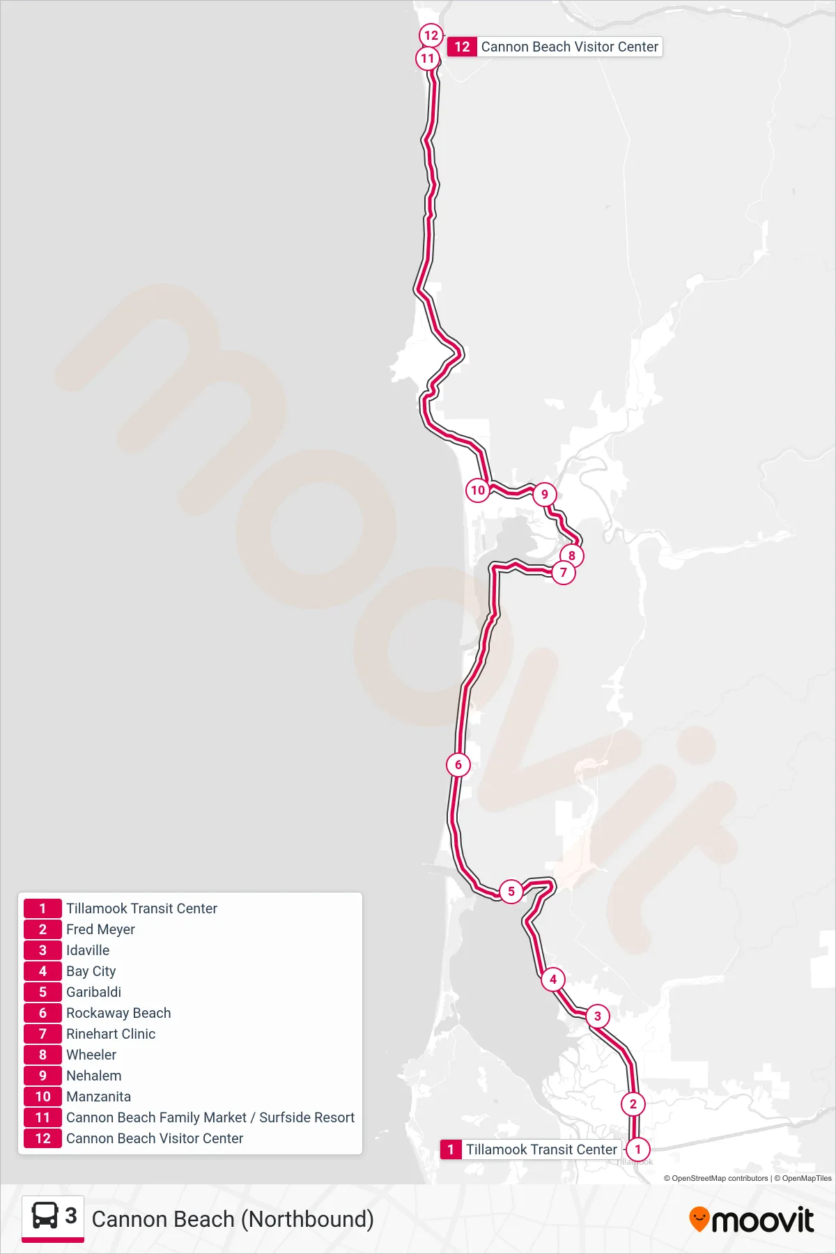 3 bus Line (Cannon Beach (Northbound)) route and stops on a map