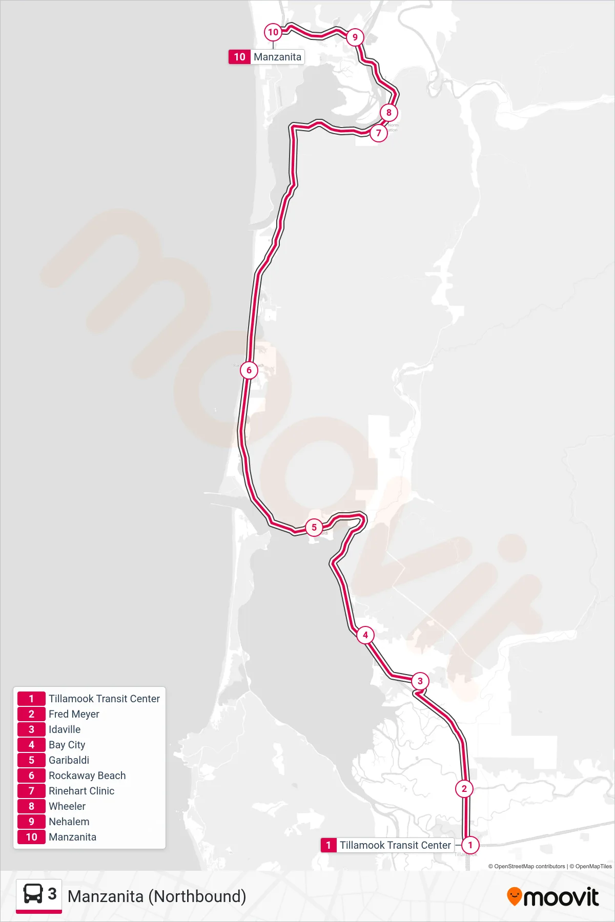 3 bus Line (Manzanita (Northbound)) route and stops on a map