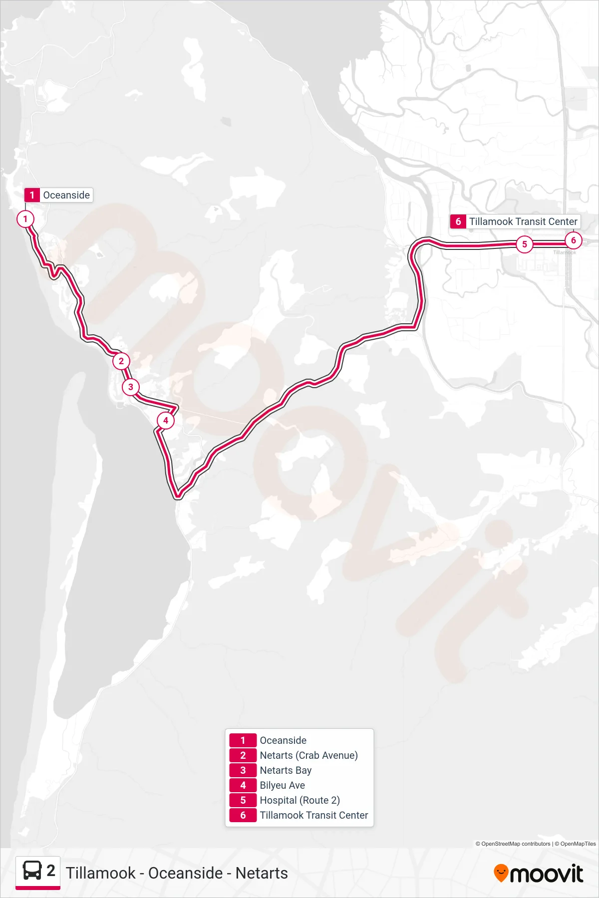 2 bus Line (Tillamook (Eastbound)) route and stops on a map