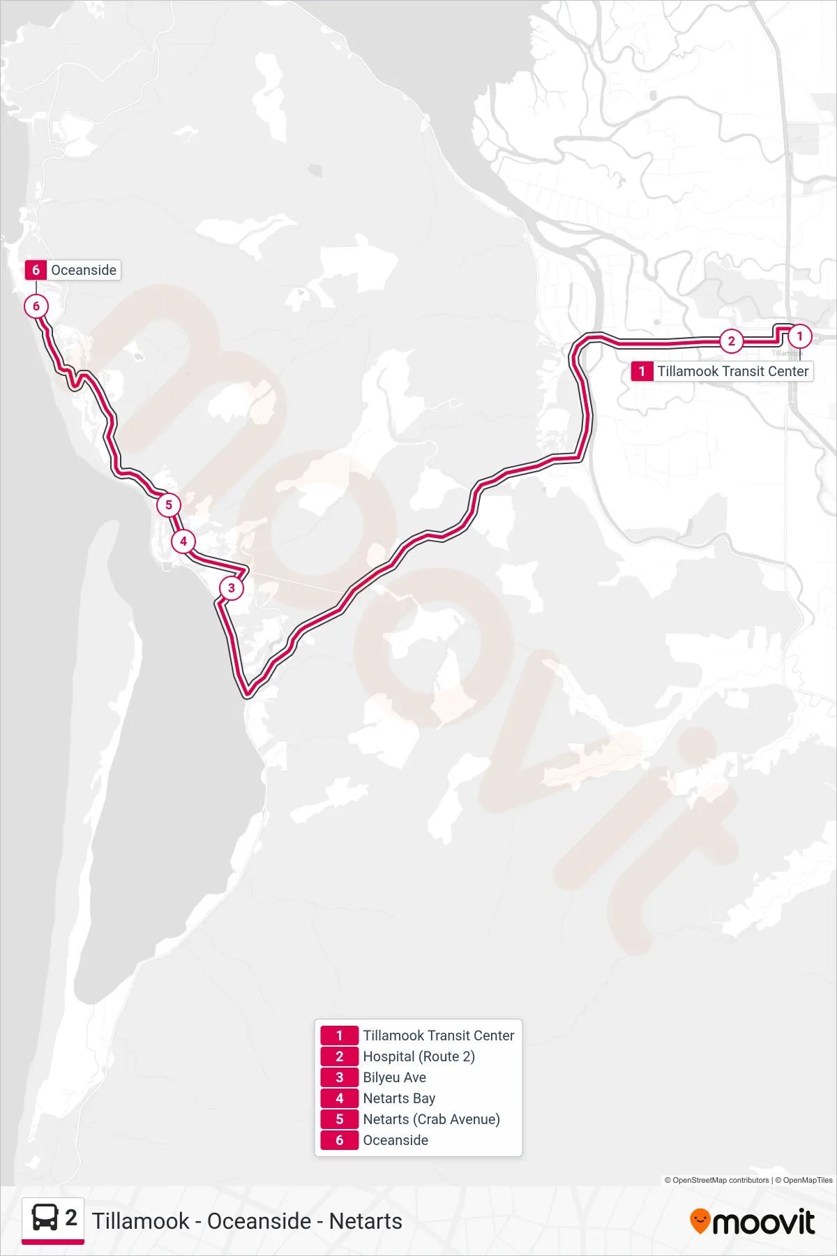 2 bus Line (Oceanside (Westbound)) route and stops on a map