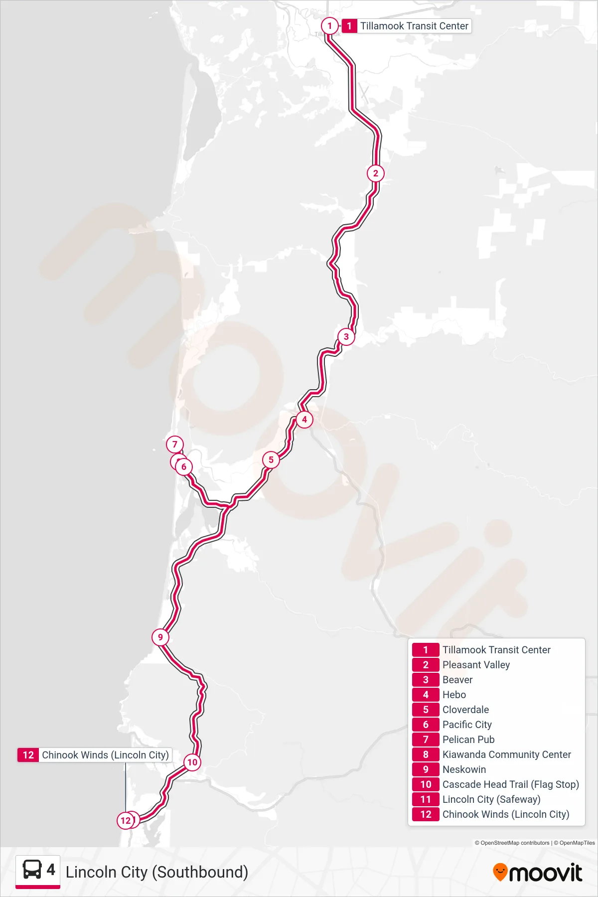4 bus Line (Lincoln City (Southbound)) route and stops on a map
