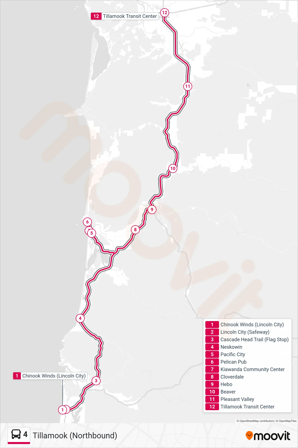 4 bus Line (Tillamook (Northbound)) route and stops on a map