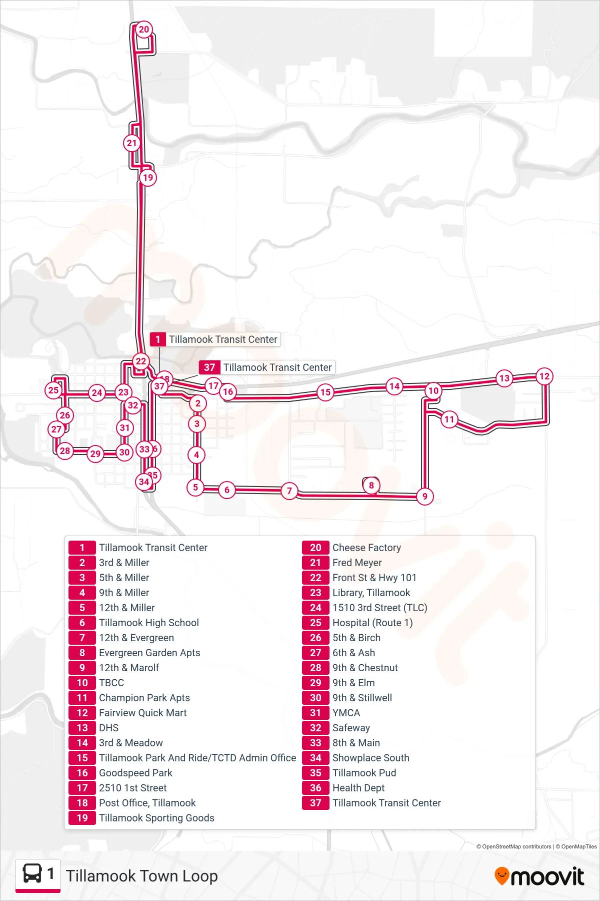 1 bus Line (Tillamook Town Loop) route and stops on a map