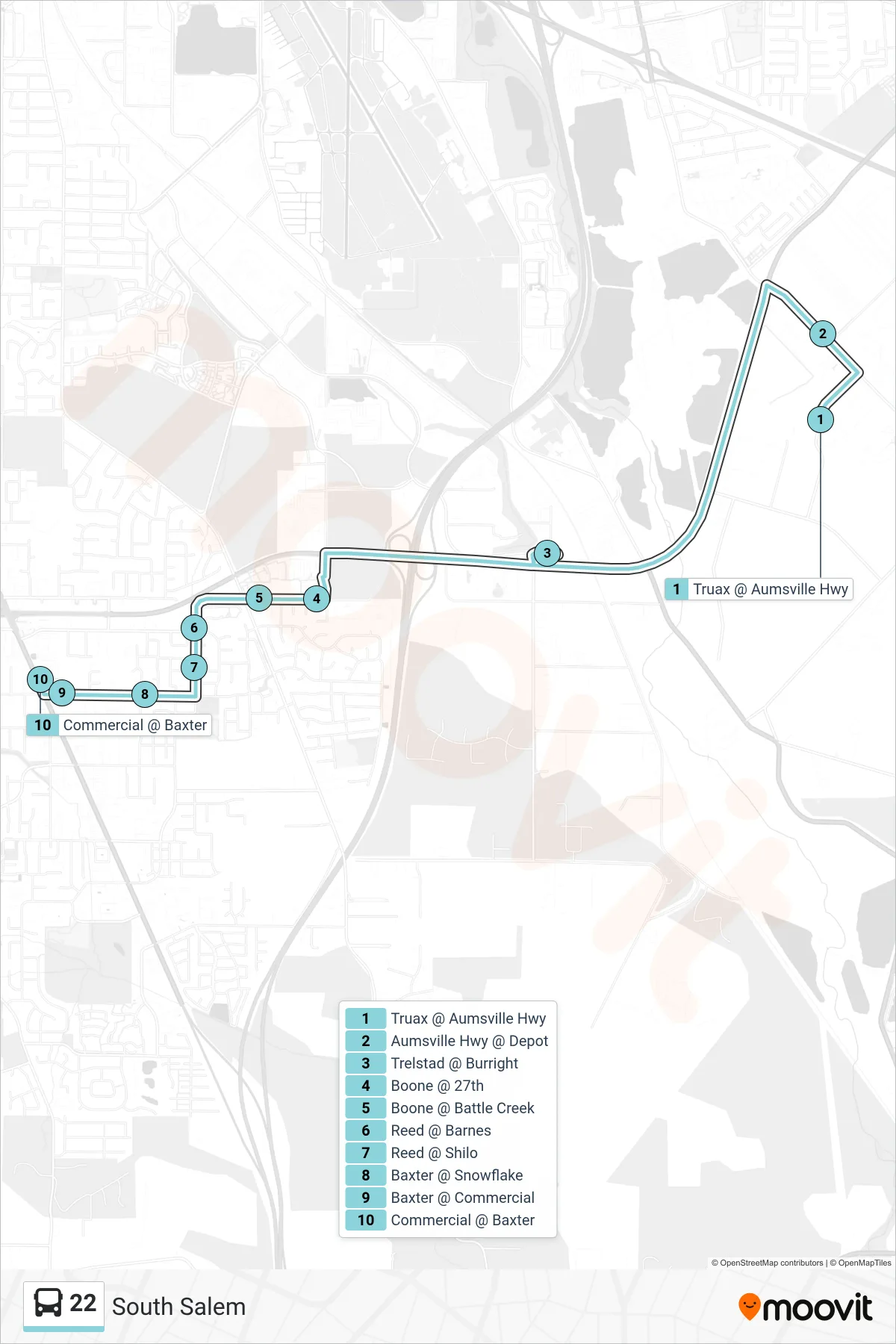 22 bus Line (South Salem) route and stops on a map