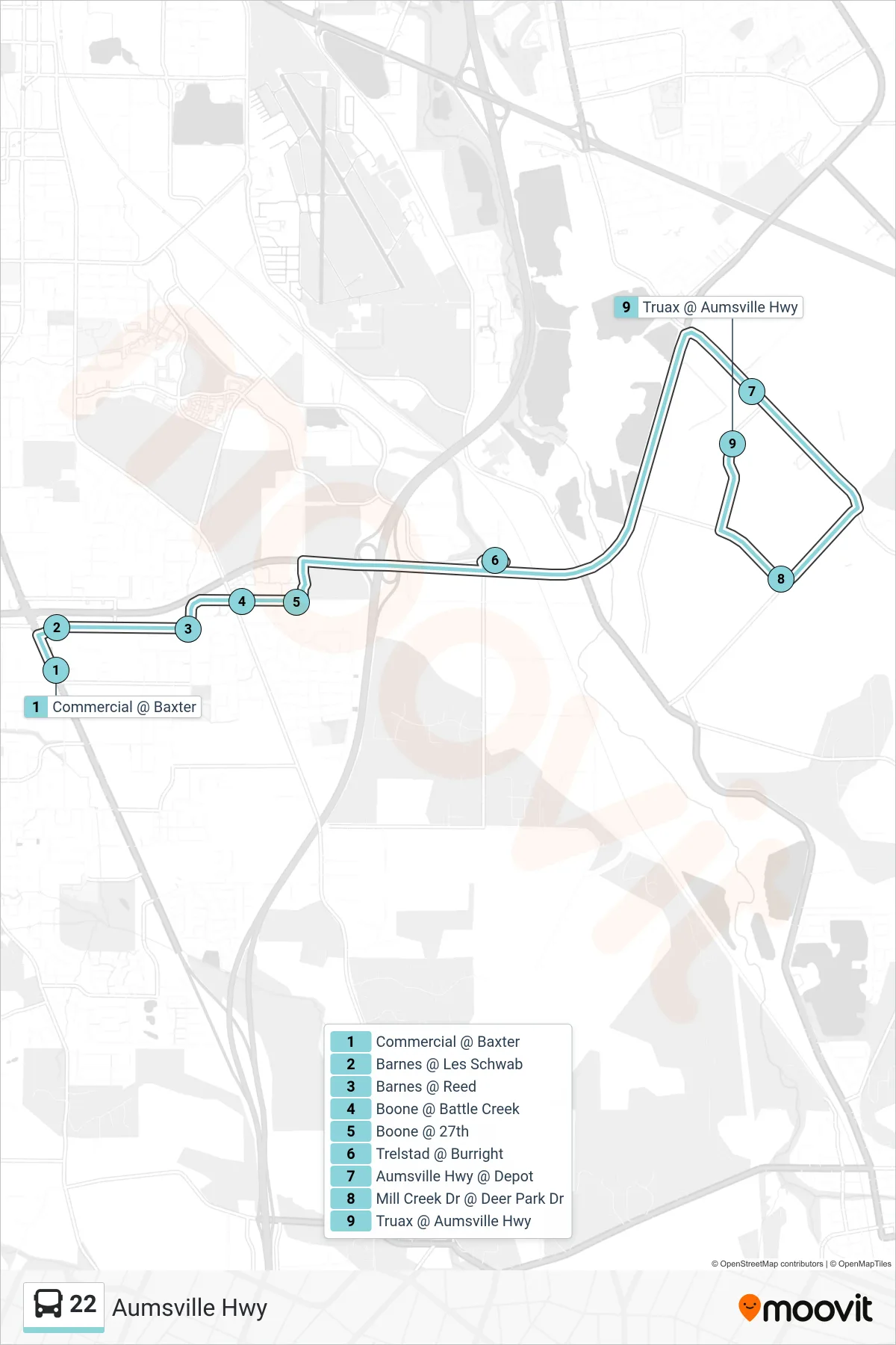22 bus Line (Aumsville Hwy) route and stops on a map