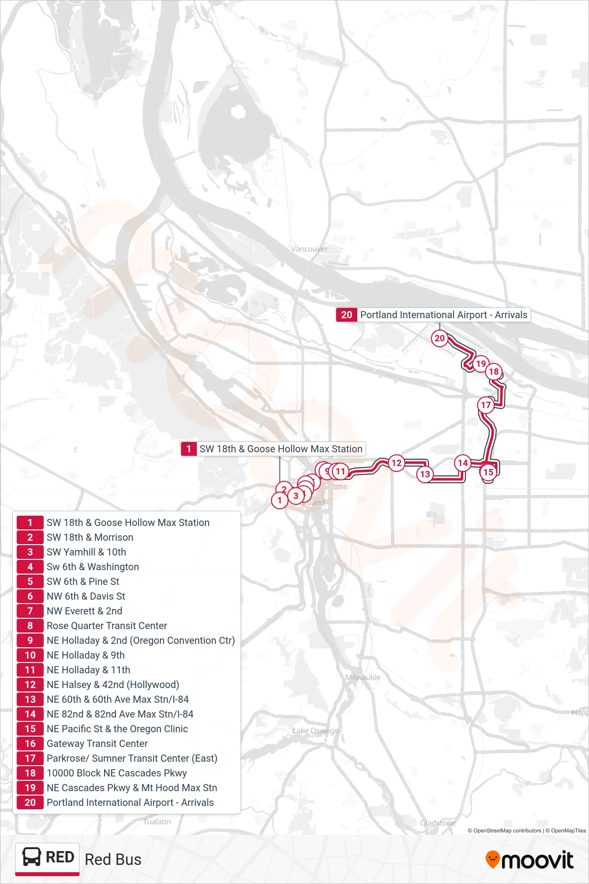 RED bus Line (Portland International Airport - Arrivals) route and stops on a map