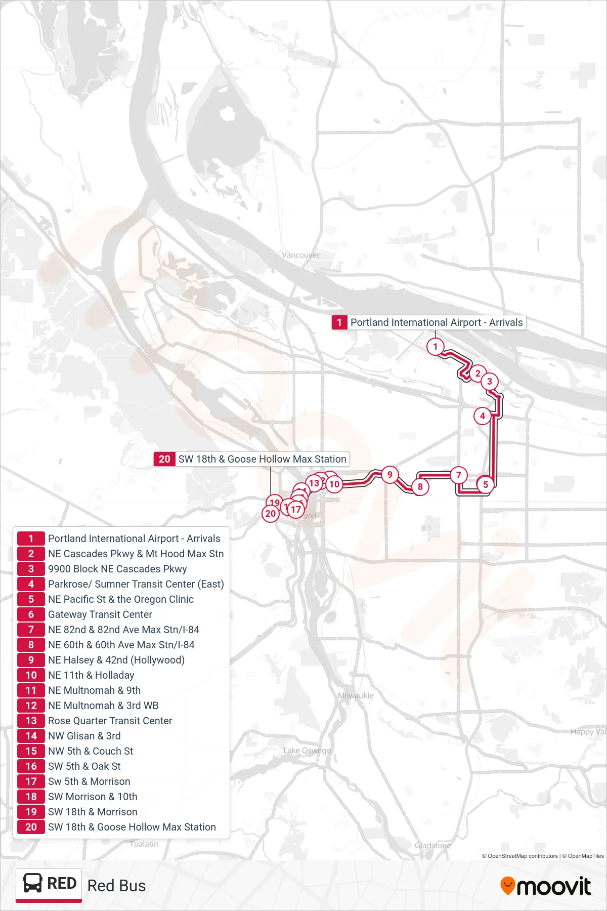 RED bus Line (SW 18th & Goose Hollow Max Station) route and stops on a map