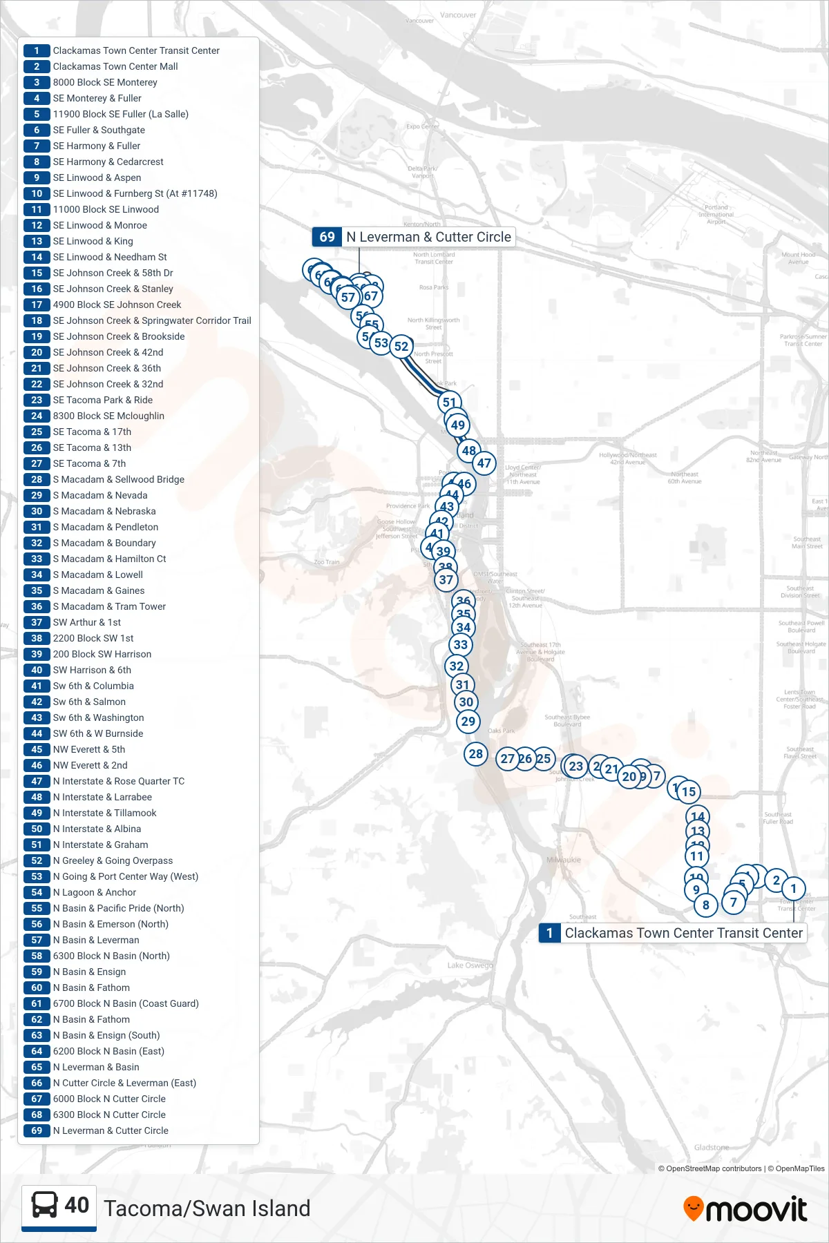 40 bus Line (N Leverman & Cutter Circle) route and stops on a map