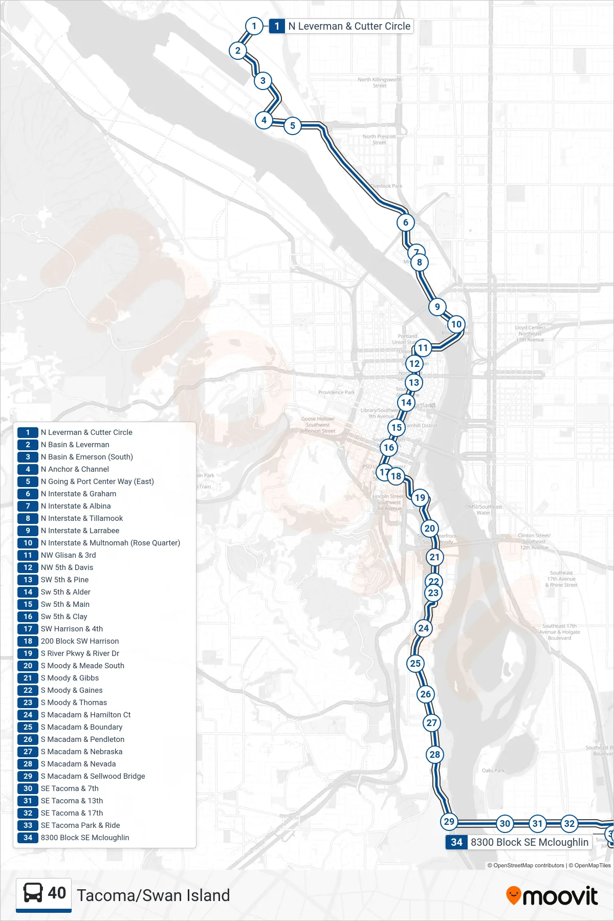 40 bus Line (8300 Block SE Mcloughlin) route and stops on a map