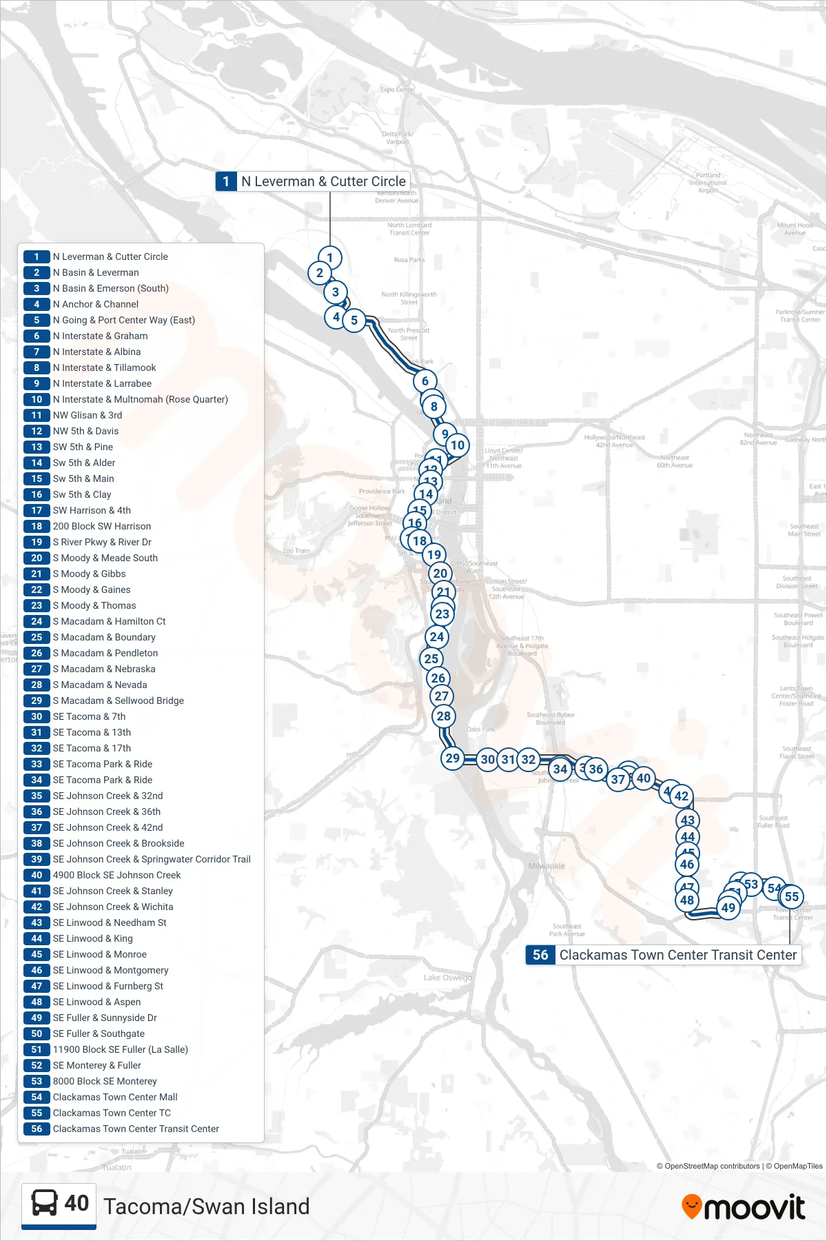 40 bus Line (Clackamas Town Center Transit Center) route and stops on a map