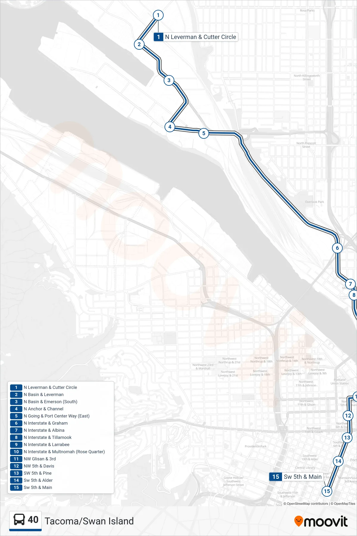 40 bus Line (SW 5th & Main) route and stops on a map