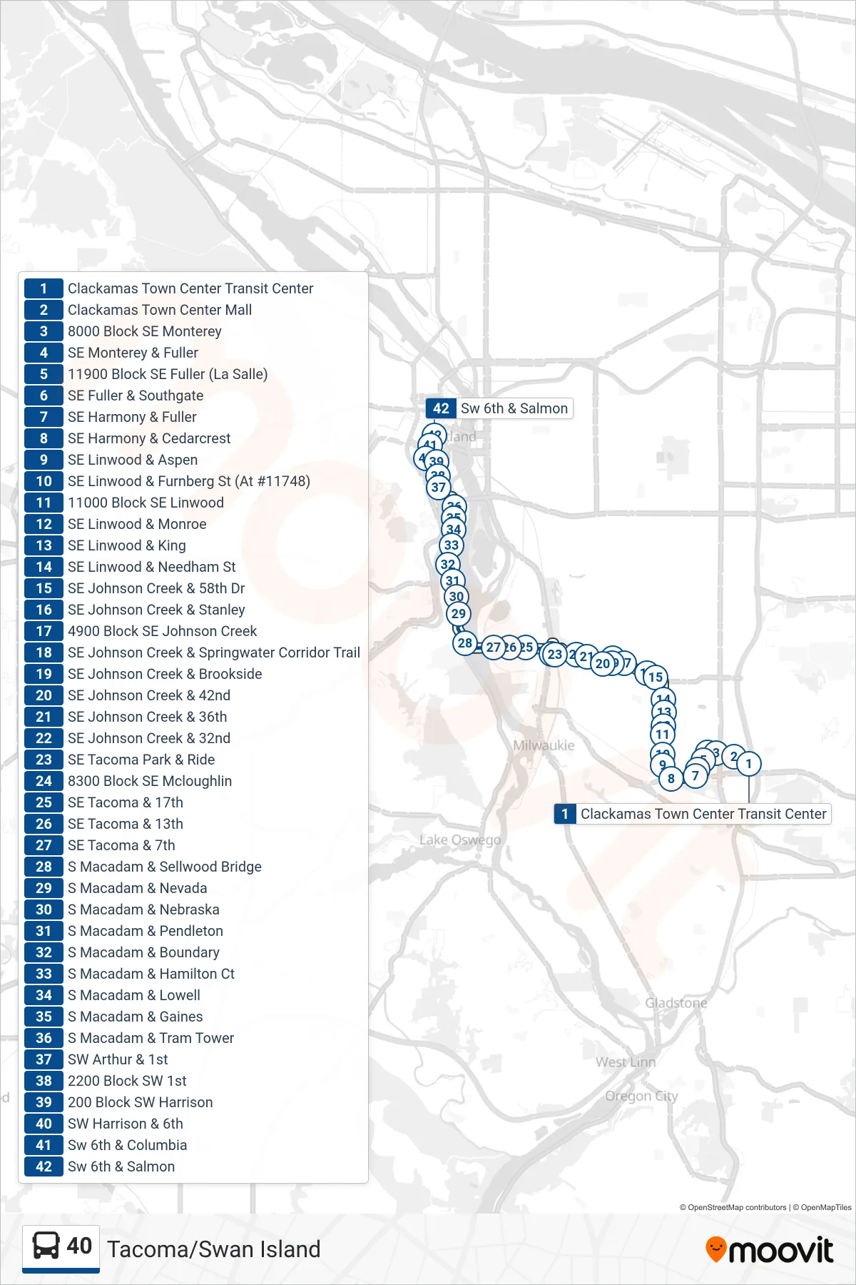 40 bus Line (SW 6th & Salmon) route and stops on a map