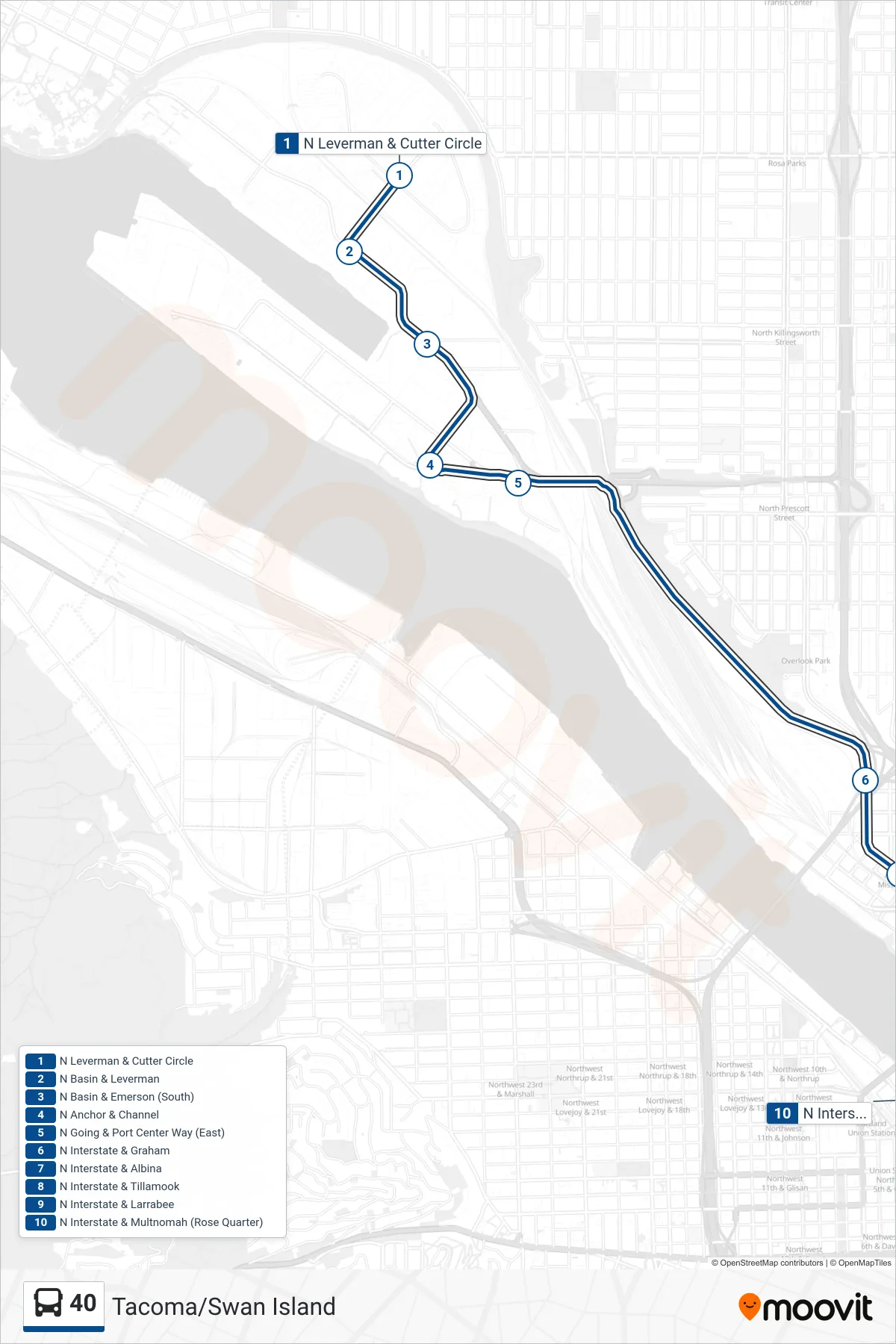 40 bus Line (N Interstate & Multnomah (Rose Quarter)) route and stops on a map