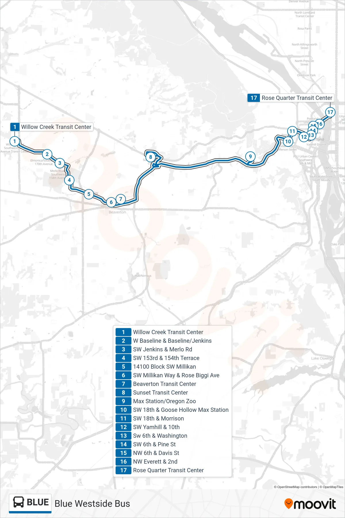 BLUE bus Line (Rose Quarter Transit Center) route and stops on a map