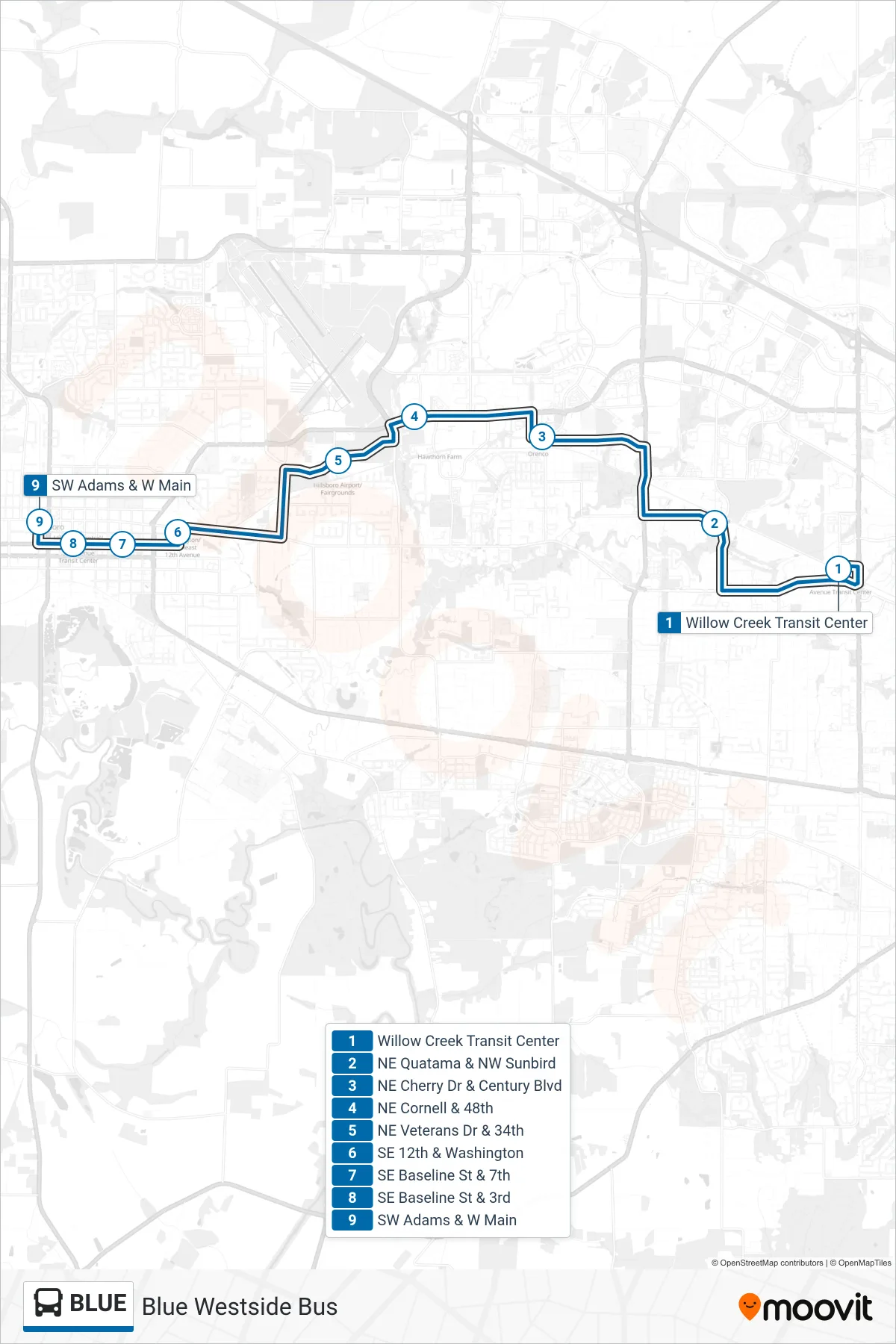 BLUE bus Line (SW Adams & W Main) route and stops on a map