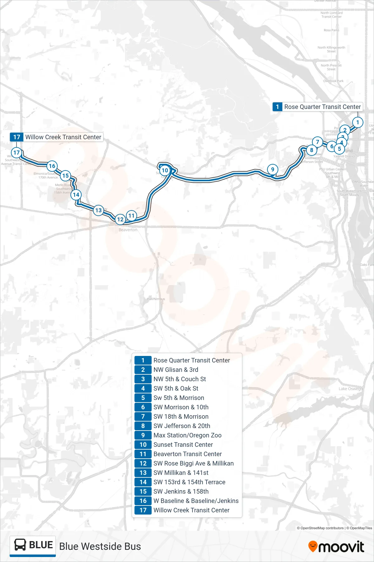 BLUE bus Line (Willow Creek Transit Center) route and stops on a map