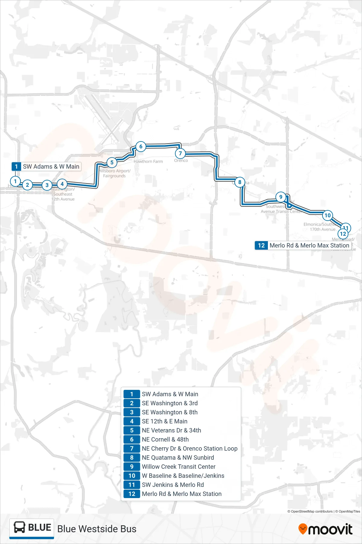 BLUE bus Line (Merlo Rd & Merlo Max Station) route and stops on a map