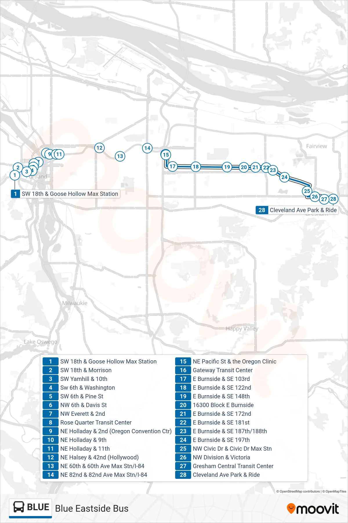 BLUE bus Line (Cleveland Ave Park & Ride) route and stops on a map