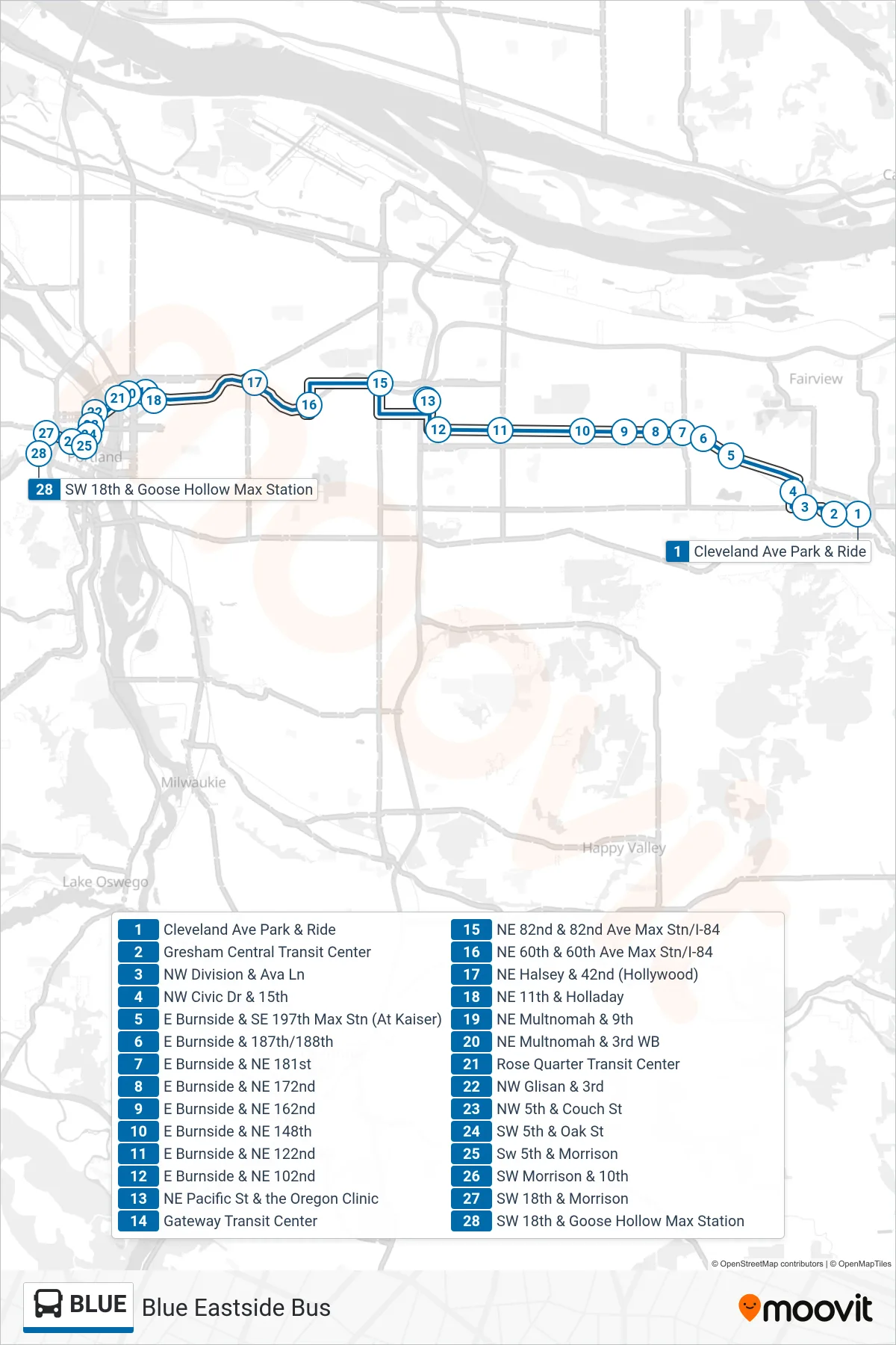 BLUE bus Line (SW 18th & Goose Hollow Max Station) route and stops on a map