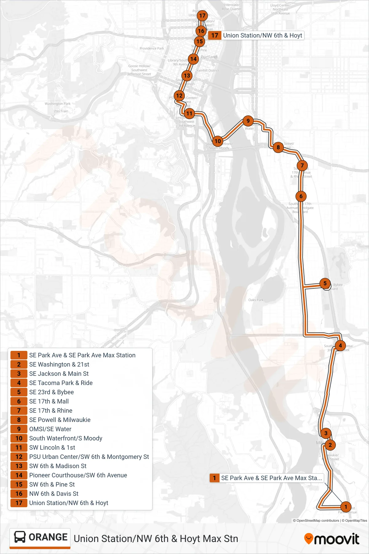 ORANGE bus Line (Union Station/NW 6th & Hoyt Max Stn) route and stops on a map