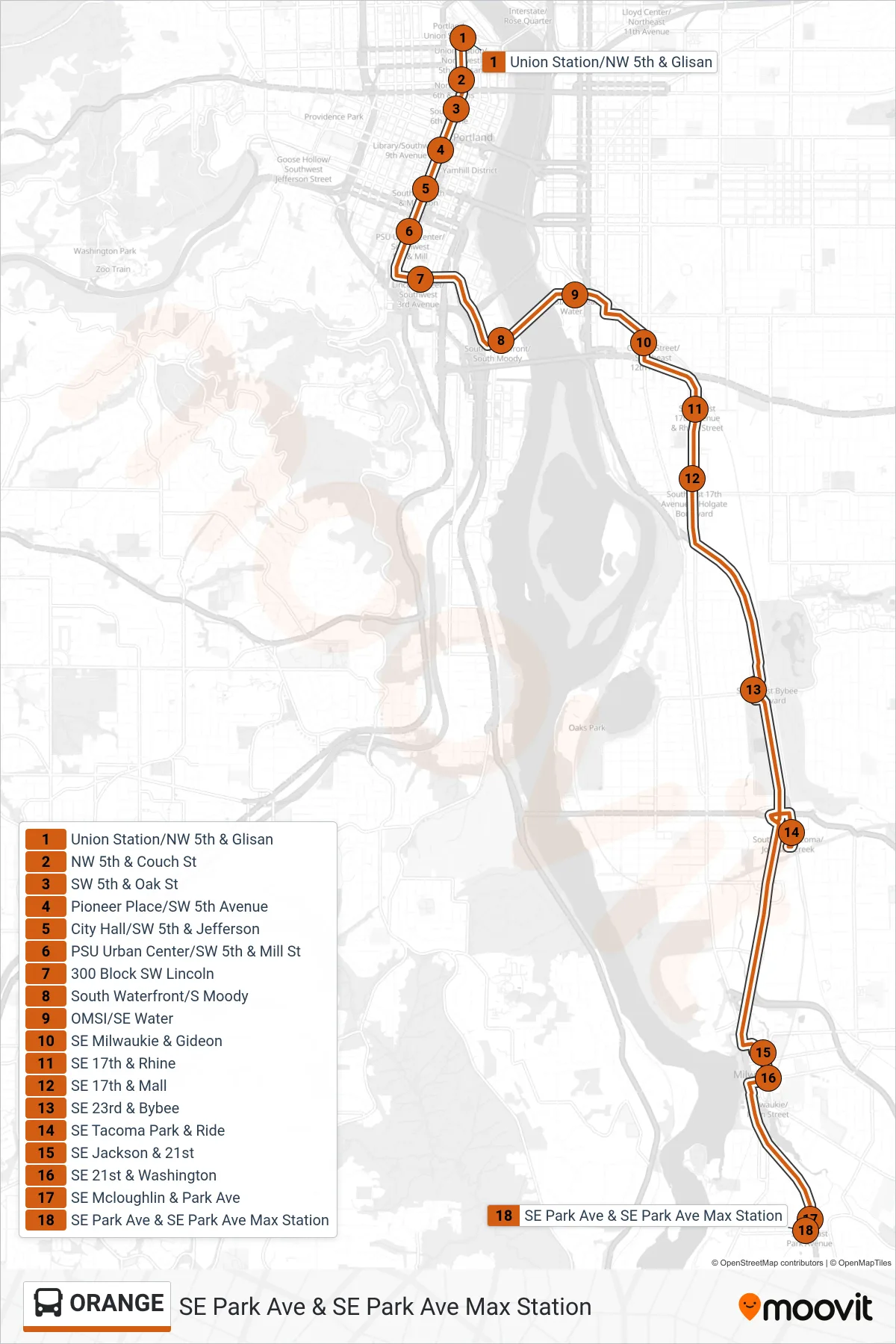 ORANGE bus Line (SE Park Ave & SE Park Ave Max Station) route and stops on a map