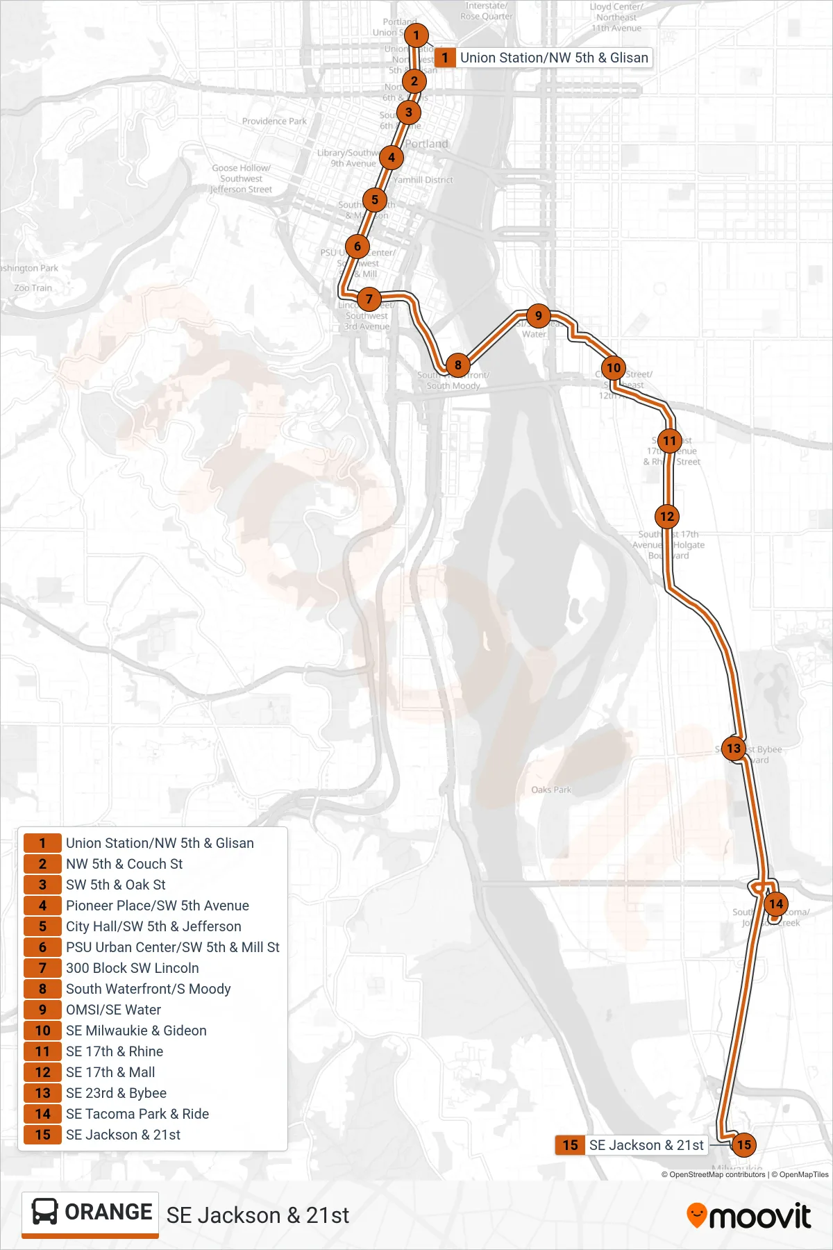 ORANGE bus Line (SE Jackson & 21st) route and stops on a map